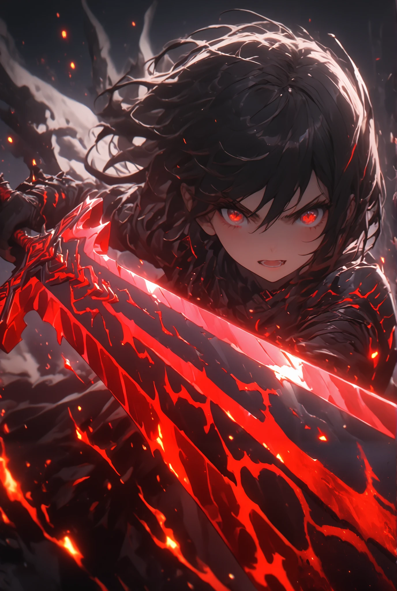 The dynamic scene captures,
the instant energy sparks as a woman with black hair and red eyes,
launches a thrusting attack with a great sword that is covered in black flames,
The black flames surrounding her greatsword give it an eerie glow,
dark fantasy,