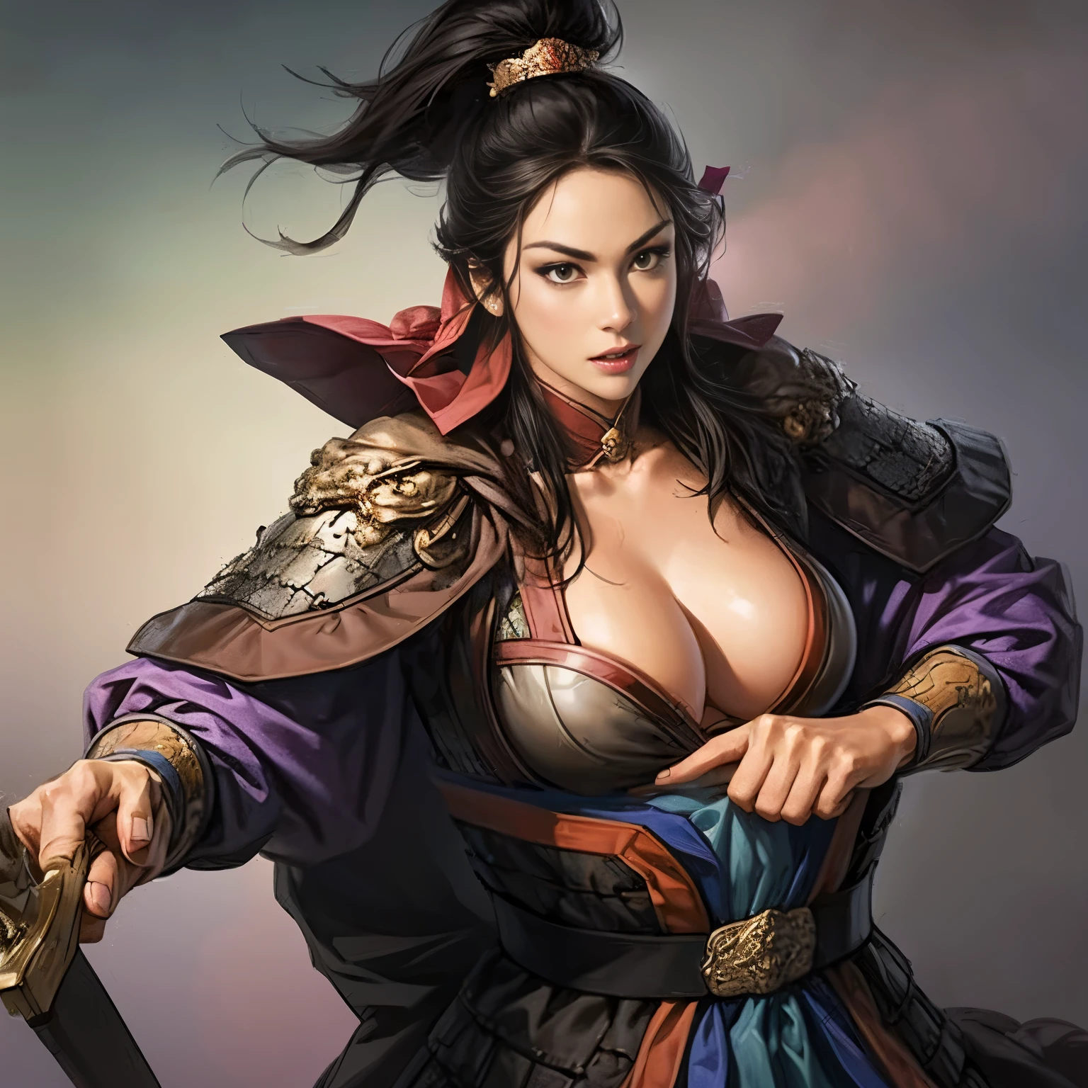 ((Create an image from the top of the head to the thigh)),  Three Kingdoms illustration , ((Female solo)), ( Beautiful Woman),  beautiful face ,  perfect hand , ( black hair ),  sexy expression ,  excited expression, Various facial expressions,  various poses,  Brilliant background ,  blurry background ,  beautiful iron armor, Chinese iron armor ,  sword,  Flying Cloak , Woman holding armor and cloak , Person holding a weapon, ( big boobs), ( visible chest bone ), ( slim body)