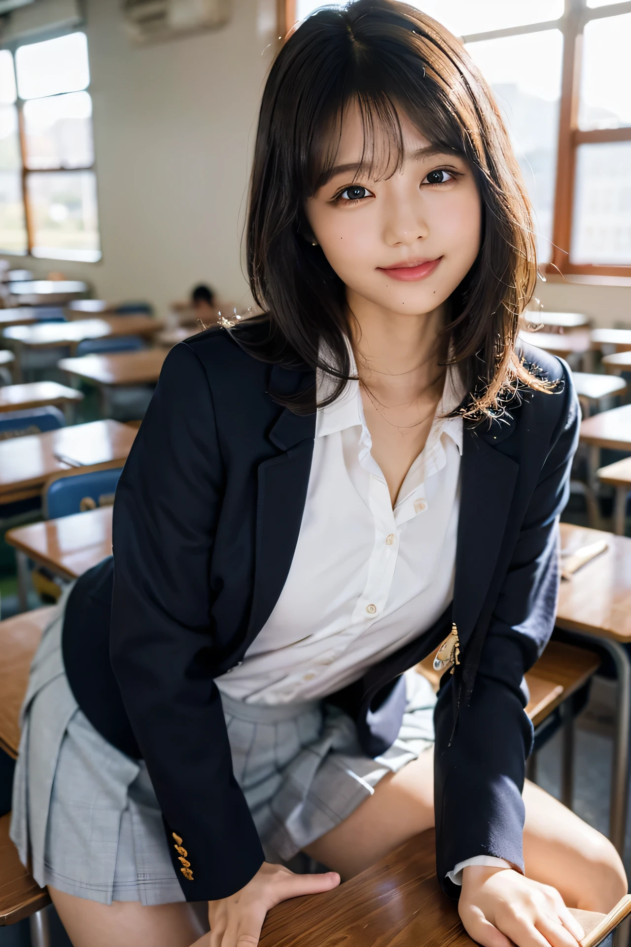 (8K), (highest quality: 1.2), (realistic), (realistic: 1.37), ultra high resolution, 1 girl, cute, smile, closed mouth, beautiful details, beautiful nose, wet hair, giant dulcefo, pork, thighs,Self snap,University Student Uniform,Sitting on a Tokyo train,simple blazer,pleated skirt,(The pattern of the skirt and tie is a tartan check pattern..:1.3),cross your legs, From above,thighs