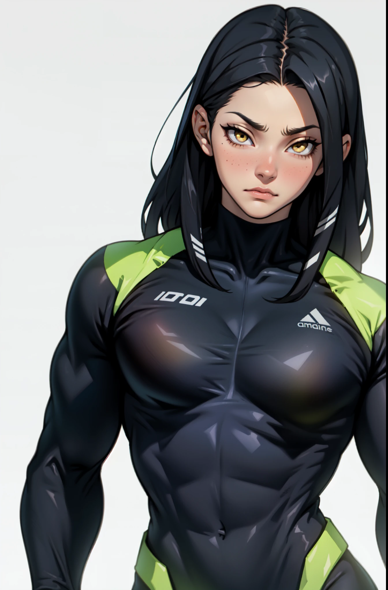 pale girl muscular girl breasts black hair yellow eyes serious