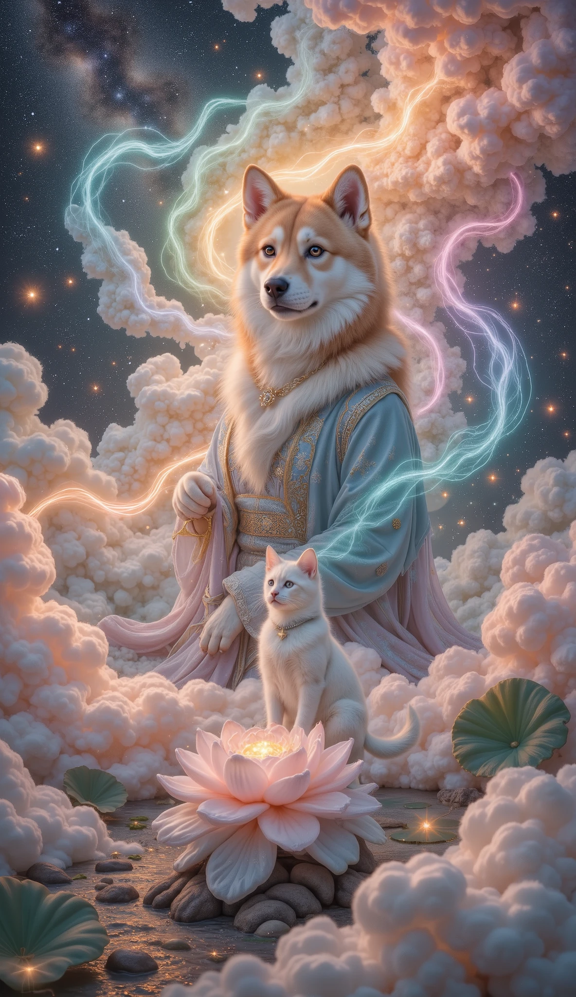 32K original photo , Quality Best , wearing a light orange mini summer dress . dynamic angle,aurora, constellation,new moon,Earth \(Planet\),Full Moon,galaxy,Light Particles,Milky Way,night,night Sky,Planet,meteor,Sky,space,Starry sky background,starry Sky, wonderland,cloud, Dunhuang art style illustration ,The nine-color Shiba Inu is surrounded by the auspicious cloud,magnificent ,( Siamese cat shining with stars :1.36) Standing in a lotus pond , Very fine brushstrokes , Soft and smooth , Chinese red and indigo , gold background ,The rainbow glides on the cloud