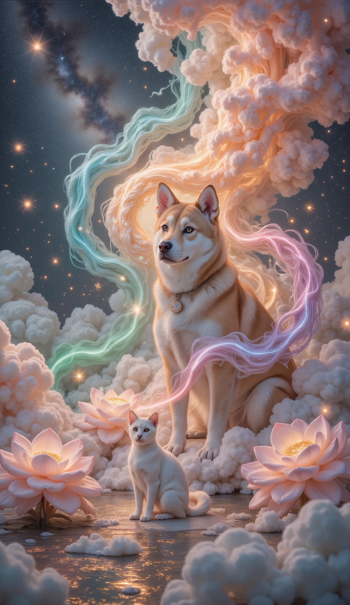 32K original photo , Quality Best , wearing a light orange mini summer dress . dynamic angle,aurora, constellation,new moon,Earth \(Planet\),Full Moon,galaxy,Light Particles,Milky Way,night,night Sky,Planet,meteor,Sky,space,Starry sky background,starry Sky, wonderland,cloud, Dunhuang art style illustration ,The nine-color Shiba Inu is surrounded by the auspicious cloud,magnificent ,( Siamese cat shining with stars :1.36) Standing in a lotus pond , Very fine brushstrokes , Soft and smooth , Chinese red and indigo , gold background ,The rainbow glides on the cloud