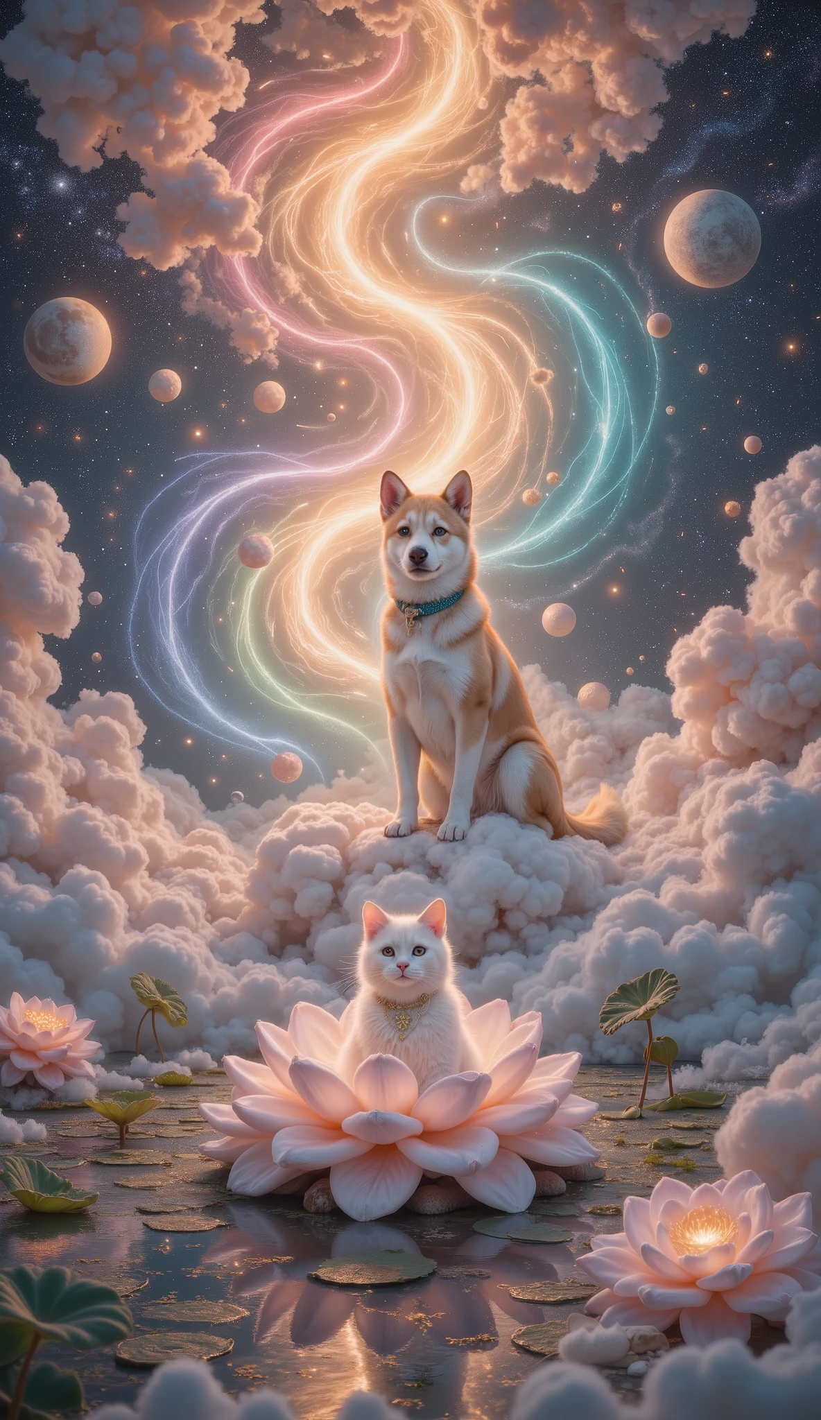  32K original photo ， Quality Best ,    wearing a light orange mini summer dress  .   dynamic angle,aurora， constellation，new moon，Earth \(Planet\)，Full Moon，galaxy，Light Particles，Milky Way，night，night Sky，Planet，meteor，Sky，space，Starry sky background，starry Sky， wonderland，cloud，  Dunhuang art style illustration  ,The nine-color Shiba Inu is surrounded by the auspicious cloud，magnificent ,（  Siamese cat shining with stars ：1.36） Standing in a lotus pond   , Very fine brushstrokes , Soft and smooth  , Chinese red and indigo  ,   gold background  ，The rainbow glides on the cloud 