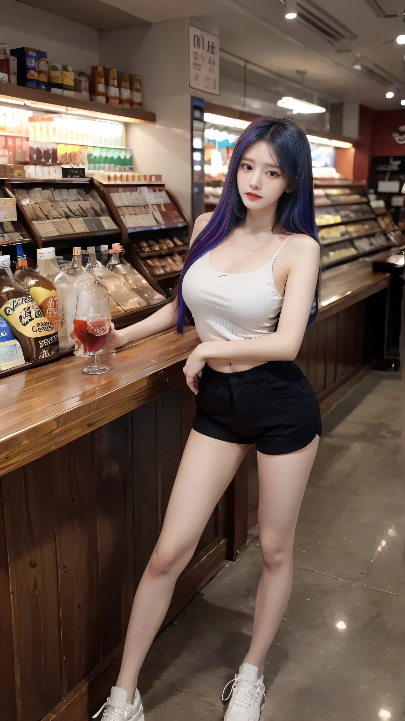 maximum resolution,  Very detailed,  1 girl,  Looking at the viewer ,  very long hair ,  white hair,  rainbow hair , Multicolored hair,  big breasts,  Dark Makeup, Seductive expression, Aperture F2.8,  Full Character Design, Women's Fashion Clothing, shorts,Slim legs, Sneakers ,stand,Move gestures, sexy,pub,Liquor Store, at night,