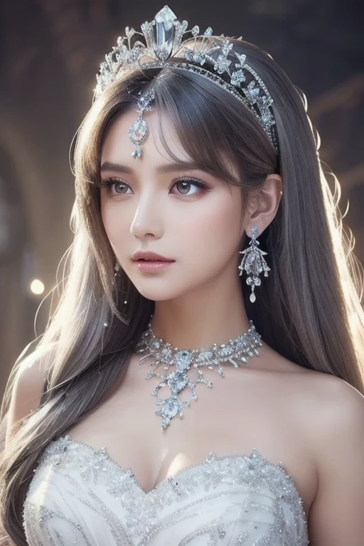 8K, ultra HD, masterpiece, realistic, 1 girl, good face, happy, smoggy makeup, very long hair, princess hairstyle, detailed eyes, detailed lips, medium figure, very detailed dress, silver dress, (jewelry:1.8), princess castle, bloom lighting, night lighting, darkness,