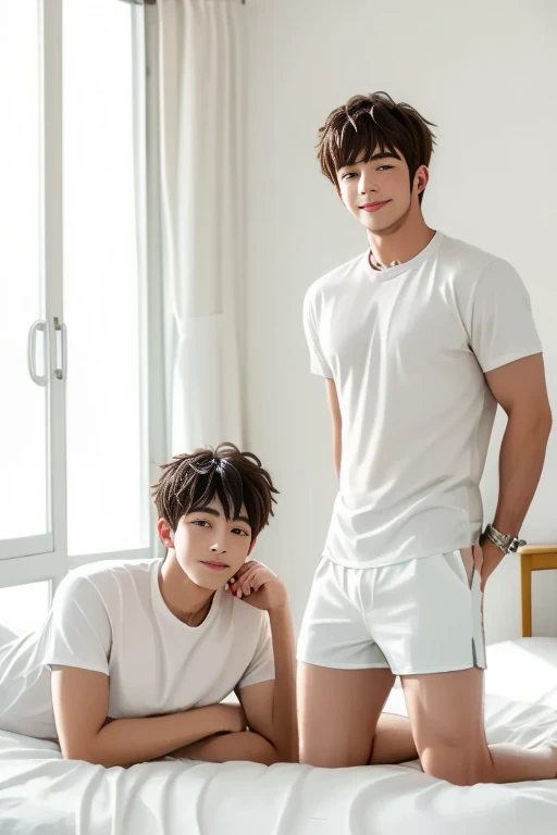 two boys, embrace, Photorealsitic, 8K full body portrait, a handsome, 18-year-old man, A charming expression, detailed face details, topless, sexy, Brief underwear, TOKYOcty, Winters, Shibuya in the background.