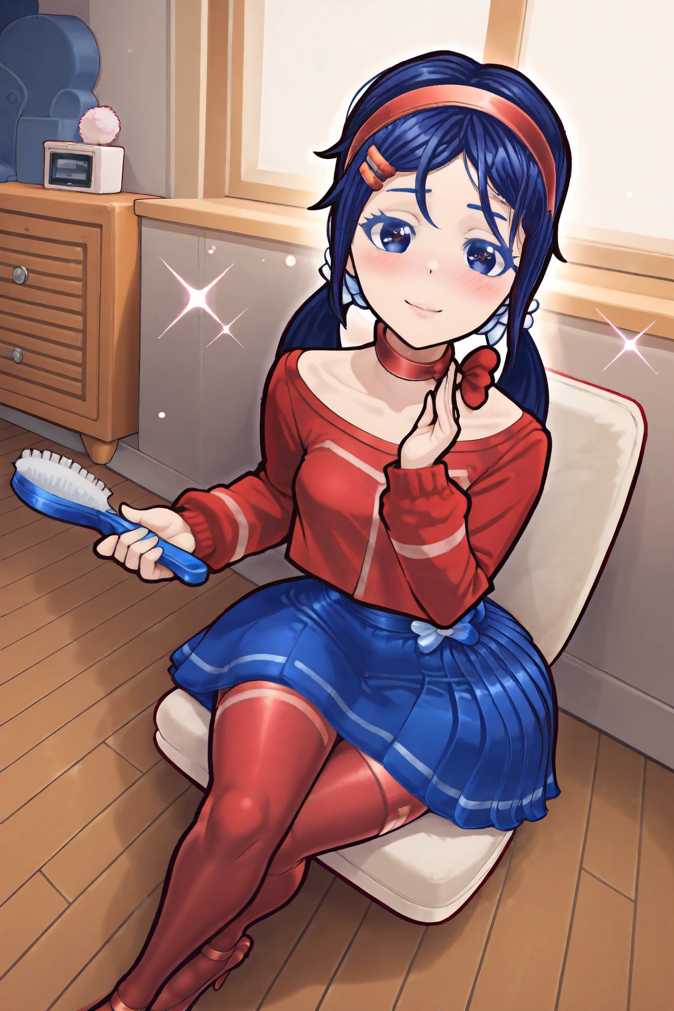 ((Create a stunning and alluring anime-style artwork of Mita from MiSide. She has long, flowing blue hair with soft highlights, styled in two low pigtails tied with blue scrunchies, and a red headband with clips. Her large, expressive blue eyes sparkle with a mix of playfulness and mystery, complemented by a soft blush on her cheeks and slightly parted, glossy lips. Her outfit is suggestive yet tasteful, featuring a red crop top that reveals her midriff, a short blue skirt, red thigh-high stockings, and blue heels. Add subtle details like lace trim or sheer fabric to enhance the outfit's allure,Mita's pose should be playful and seductive, such as leaning forward with one hand on her hip and the other brushing her hair, or sitting with her legs crossed, giving a coy smile. Her expression should be teasing and confident, with a hint of mischief. The background should be minimalistic, with soft, warm lighting and a slight bokeh effect to emphasize her figure. Use a high-detail anime art style with smooth shading, vibrant colors, and intricate textures for her hair and clothing. The overall composition should be balanced, visually stunning, and evoke a sense of playful allure))