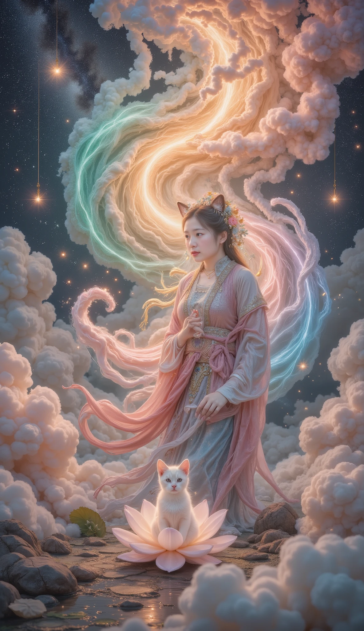 32K original photo , Quality Best , wearing a light orange mini summer dress . dynamic angle,aurora, constellation,new moon,Earth \(Planet\),Full Moon,galaxy,Light Particles,Milky Way,night,night Sky,Planet,meteor,Sky,space,Starry sky background,starry Sky, wonderland,cloud, Dunhuang art style illustration ,The nine-color Shiba Inu is surrounded by the auspicious cloud,magnificent ,( Siamese cat shining with stars :1.36) Standing in a lotus pond , Very fine brushstrokes , Soft and smooth , Chinese red and indigo , gold background ,The rainbow glides on the cloud