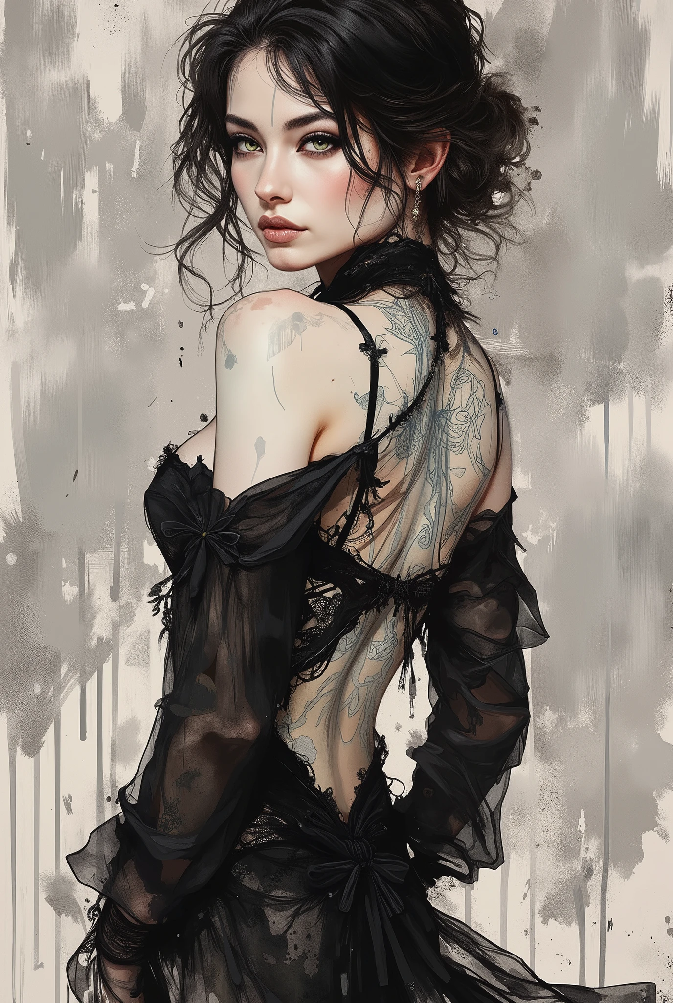 fusion of watercolors and oil paintings, mix of monochrome and color, black ink. Closeup portrait of a beautiful sexy woman with an elegant pose, athletic tattoed body, busty, wearing a flowy, most revealing, long-sleeved transparent black lace backless gown with intricate, whispy folds and subtle textures, clean line art, conveyed through expressive rough charcoal sketch marks on a distressed, old paper texture, with visible deckle edges and subtle tears, infused with the emotional intensity of Luis Royo's expressive lines, the opulent details of Gustav Klimt's symbolic ornamentation, and the flowing organic curves of Boris Vallejo, with bold contrasts and loose hatching, clean line art, conveyed through expressive rough charcoal sketch marks on a distressed, old paper texture, with visible deckle edges and subtle tears, coming undone, into black ink, fading into the textured gray background. The woman’s bright, piercing green eye contrasts sharply against the chaotic patterns, evoking a sense of ethereal elegance.
