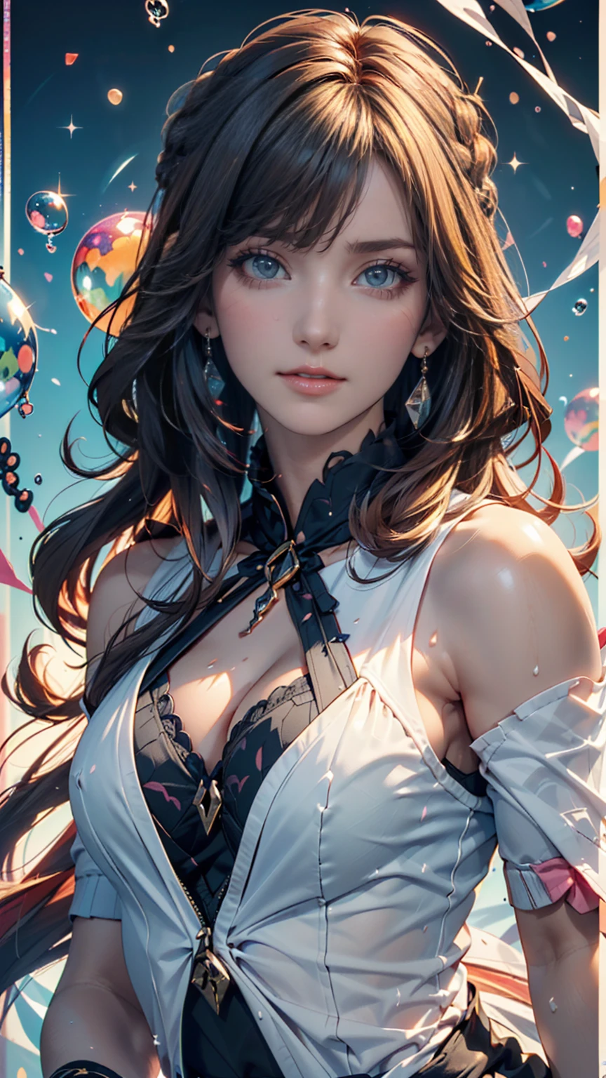 masterpiece, Highest quality, Highest quality, watercolor (Moderate), Official Art, beautifully、aesthetic: 1.2), (1 girl: 1.3), (Fractal Art: 1.3), morning, Good morning, smile, sunny day, Hilarious, Viewer, pattern, Wave, (Rainbow Hair, colorful Hair: 1.2), null, gas, cloud, colorful, Soap bubble