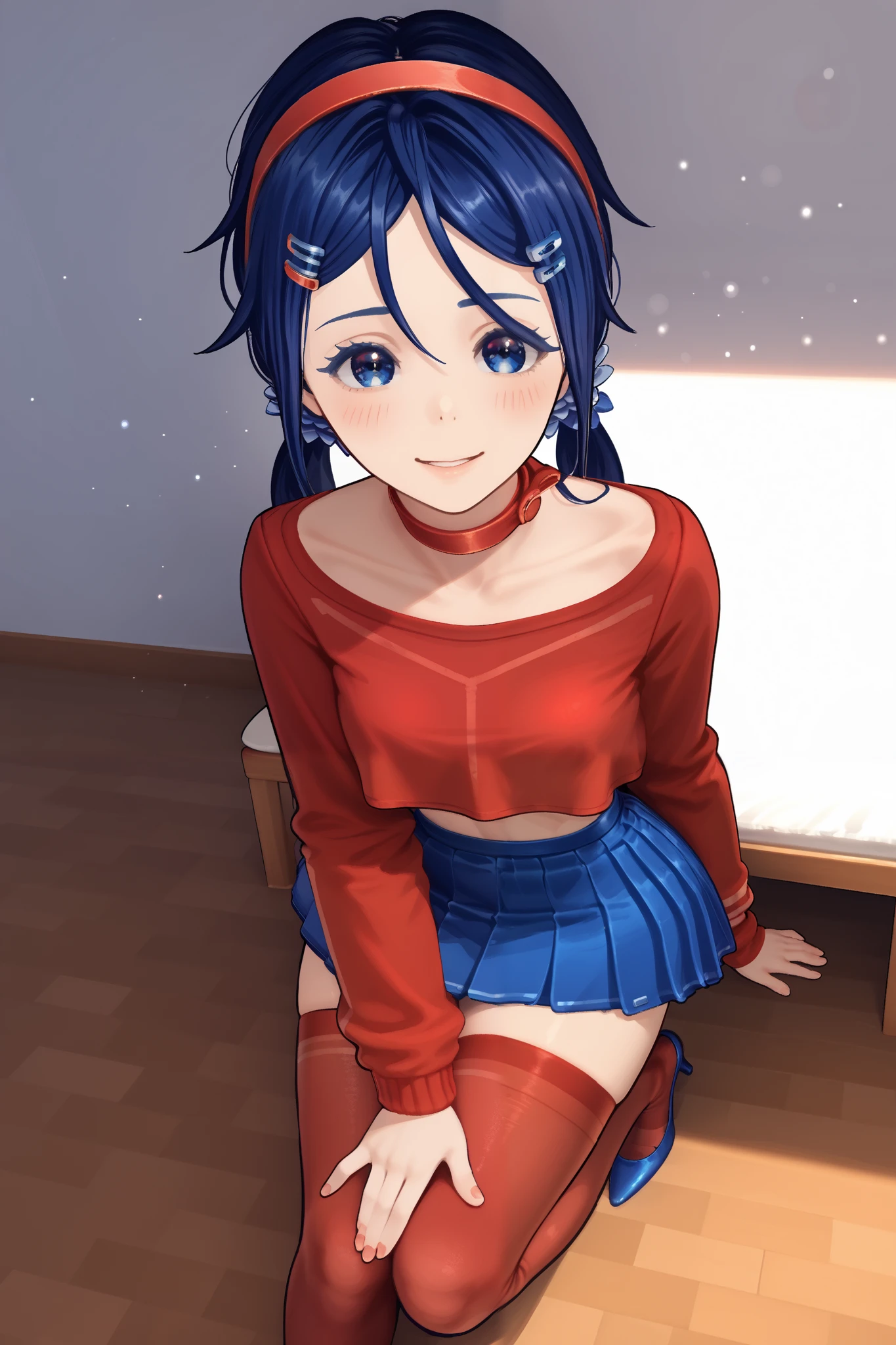 ((Create a stunning and alluring anime-style artwork of Mita from MiSide. She has long, flowing blue hair with soft highlights, styled in two low pigtails tied with blue scrunchies, and a red headband with clips. Her large, expressive blue eyes sparkle with a mix of playfulness and mystery, complemented by a soft blush on her cheeks and slightly parted, glossy lips. Her outfit is suggestive yet tasteful, featuring a red crop top that reveals her midriff, a short blue skirt, red thigh-high stockings, and blue heels. Add subtle details like lace trim or sheer fabric to enhance the outfit's allure,Mita's pose should be playful and seductive, such as leaning forward with one hand on her hip and the other brushing her hair, or sitting with her legs crossed, giving a coy smile. Her expression should be teasing and confident, with a hint of mischief. The background should be minimalistic, with soft, warm lighting and a slight bokeh effect to emphasize her figure. Use a high-detail anime art style with smooth shading, vibrant colors, and intricate textures for her hair and clothing. The overall composition should be balanced, visually stunning, and evoke a sense of playful allure))