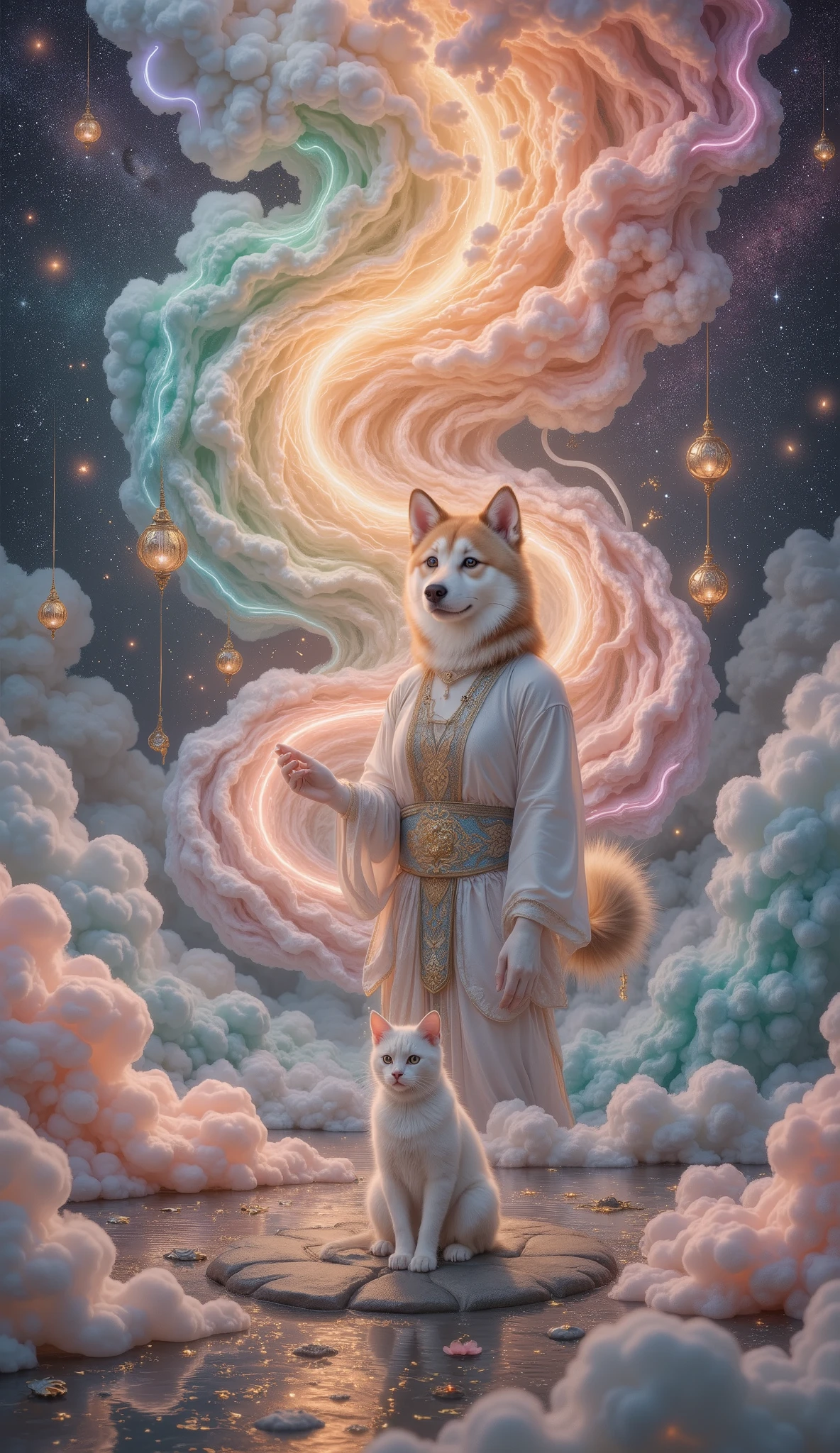 32K original photo , Quality Best , wearing a light orange mini summer dress . dynamic angle,aurora, constellation,new moon,Earth \(Planet\),Full Moon,galaxy,Light Particles,Milky Way,night,night Sky,Planet,meteor,Sky,space,Starry sky background,starry Sky, wonderland,cloud, Dunhuang art style illustration ,The nine-color Shiba Inu is surrounded by the auspicious cloud,magnificent ,( Siamese cat shining with stars :1.36) Standing in a lotus pond , Very fine brushstrokes , Soft and smooth , Chinese red and indigo , gold background ,The rainbow glides on the cloud