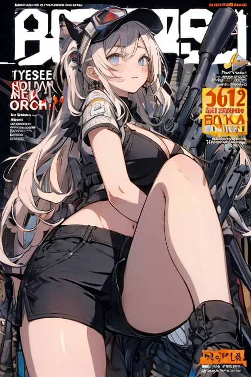 (masterpiece:1.2), (Military uniform magazine cover:1.4),best quality,PIXIV,Sweet girl , sexy posture,1girl, (perky chest:1.2), rolling upskirt by wind:1.6, (with sparkling eyes and a contagious smile),open mouth, (pointed chest:1.2),fishnets, black hair, boots, long hair, black nails, skirt, shirt, black footwear, bag, black skirt, jewelry, jacket, thigh strap, bangs, necktie, earrings, nail polish, multicolored hair, looking at viewer, full body, bottle, own hands together, belt, jacket on shoulders, food, cats on head, ring, choker, english text, collared shirt, blue eyes, hat, lace-up boots ,masterpiece、highest quality、Very detailed、An illustration、Beautiful fine details、One Girl、cute、Detailed landscape、Training Room Background:1.4、Platinum Blonde Hair、Braided Ponytail、Red camisole、((c cup breasts, Tank top showing underboob:1.4))