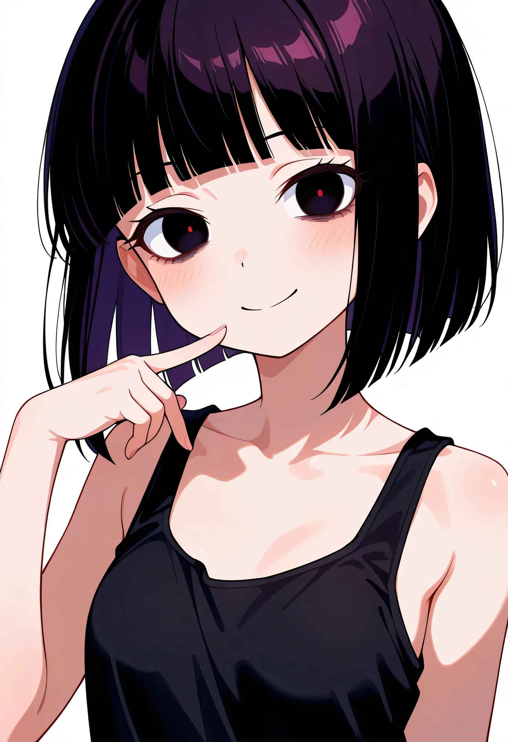 score_9, score_8_up, score_7_up, source_anime, solo,black medium bob,blunt bangs,black thin eyes,(beautiful adult face),25years old,black sexy tanktop,upperbody,good model pose,kind smile,sideview,looking at viewer,white background