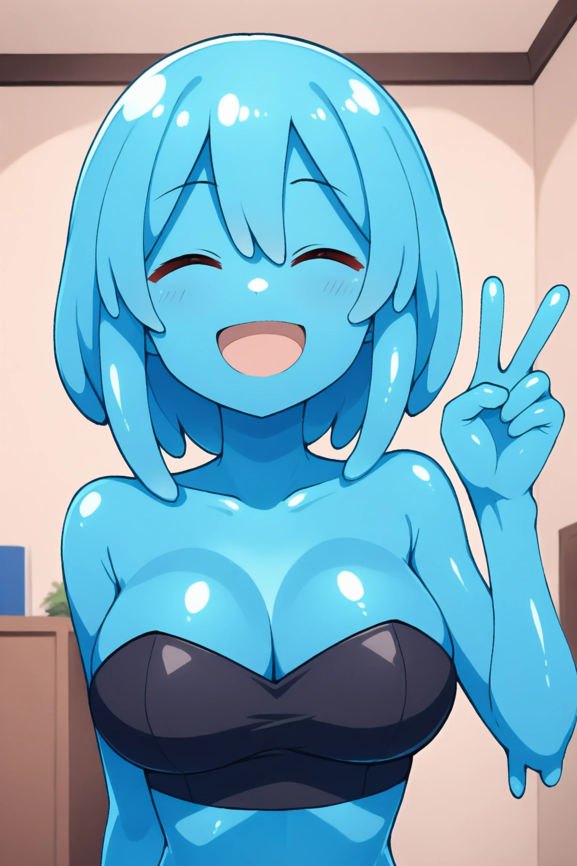 masterpiece, best quality, (Joy_InsideOut, yellow skin, ), happy, pixar, cartoon, 3d render, , Naked (Blushing:1.0), Detailed Face, POV crouching, (((joying_Inside out, yellow skin, blue eyes, blue pixie cut hair)))