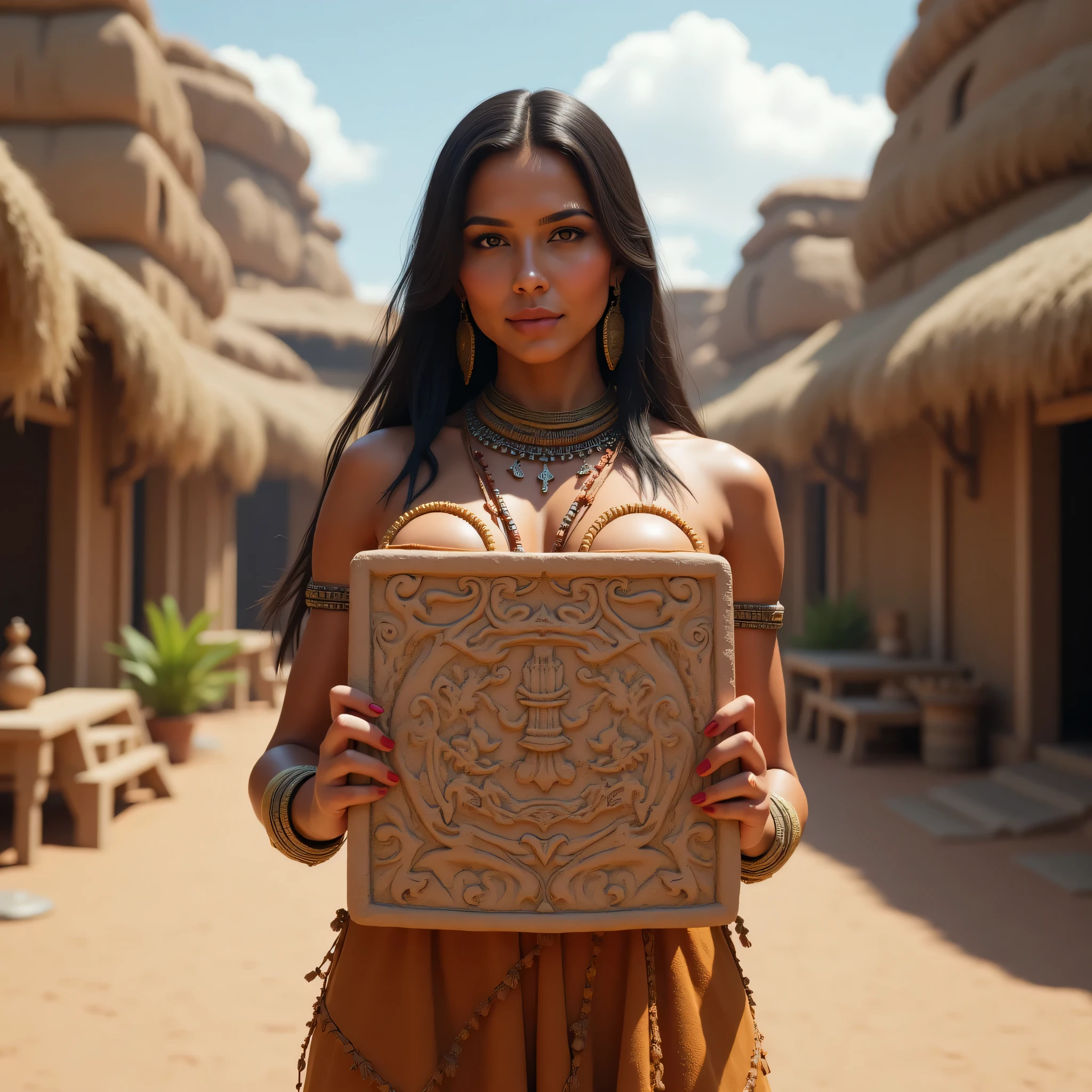 A hyper-realistic ultra wide scenery image shot of a prehistoric beautifully indigenous fullbody female commoner holding lifted prehistorical Intricately carved clay big size tablet in front of her, symmetrically balanced in image composition. The beautifully prehistoric female is depicted in a full body angle view, showcasing her lively, lusciously vivacious, and shapely body. She is wearing a realistic indigenous long primitive dress. The scene includes a well-rounded prehistoric female holding carved image clay big size tablet, and smiling. The background features prehistoric settlement with central leading lines, creating a sense of depth on ultra-wide angle. The image has UHD ambience, with a zoomed-out perspective, realistic textures, soft lighting, and a wide-angle view. The scholar's hands are accurately detailed with full human finger anatomy, and her hair is shiny and lifelike. The overall style is reminiscent of Far Cry 5 game artwork, with additional details and body fixes applied. The combination of influenced of StonePunkAi Artwork. Breasts. (Soft lighting concept).