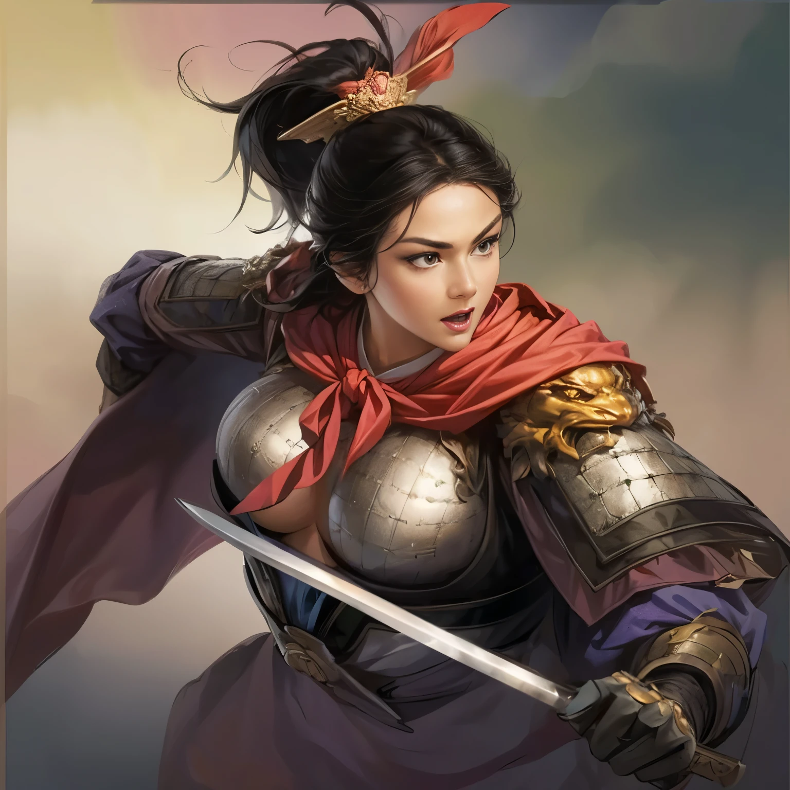 ((Create an image from the top of the head to the thigh)), Three Kingdoms illustration , ((Female solo)), ( Beautiful Woman), beautiful face , perfect hand , ( black hair ), sexy expression , excited expression, Various facial expressions, various poses, Brilliant background , blurry background , beautiful iron armor, Chinese iron armor , sword, Flying Cloak , Woman holding armor and cloak , Person holding a weapon, ( slim body)