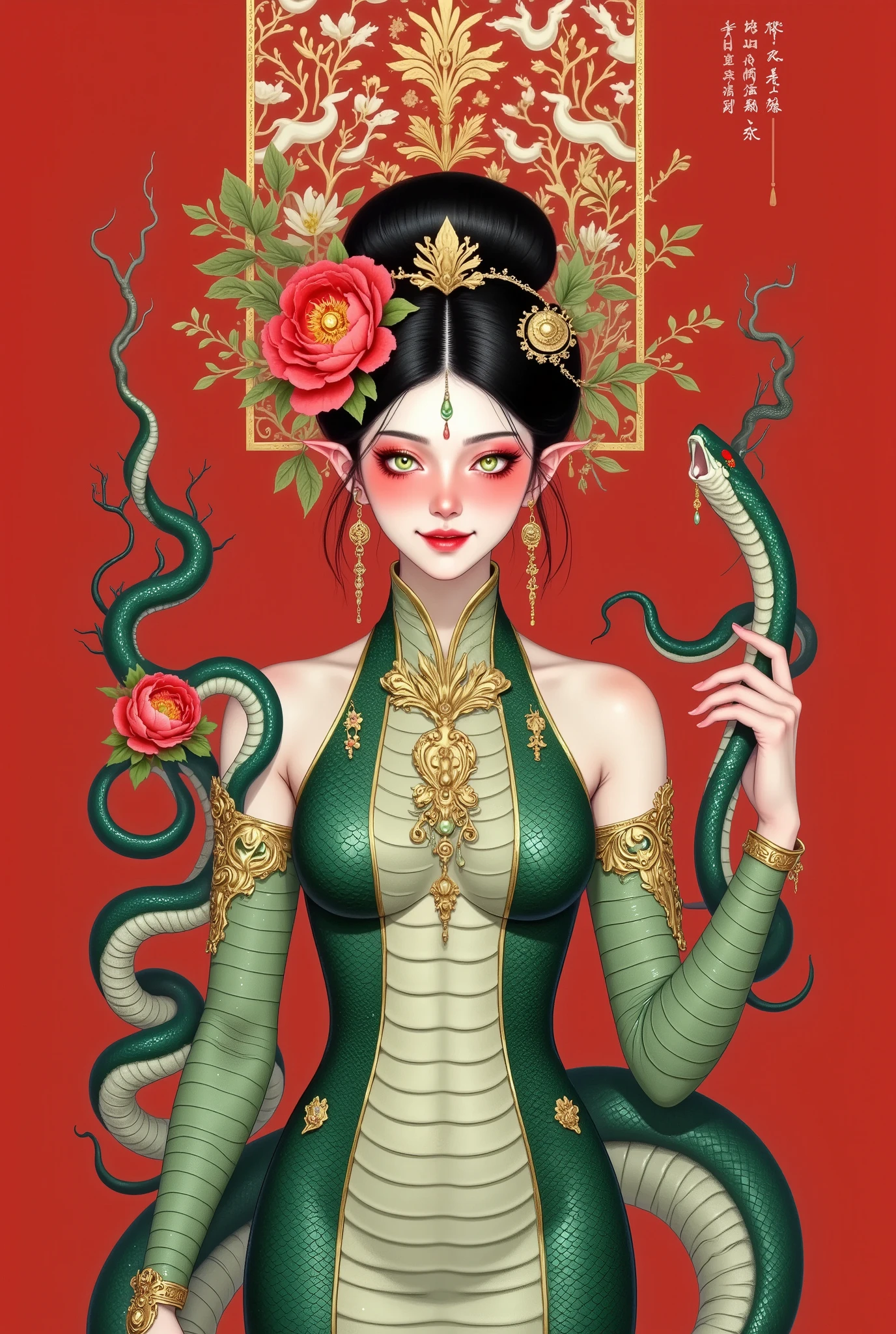 (((Portrait of a beautiful snake woman ,Black high bun , wearing a huge red peony on her head,,Enchanting green eyes 。Open your mouth,Fangs,Holding a snake in his hand,Motion Capture)))。snakeskin skirt,Snake Body,Snake tail. red background,Auspicious cloud pattern on top。 border decoration 。
