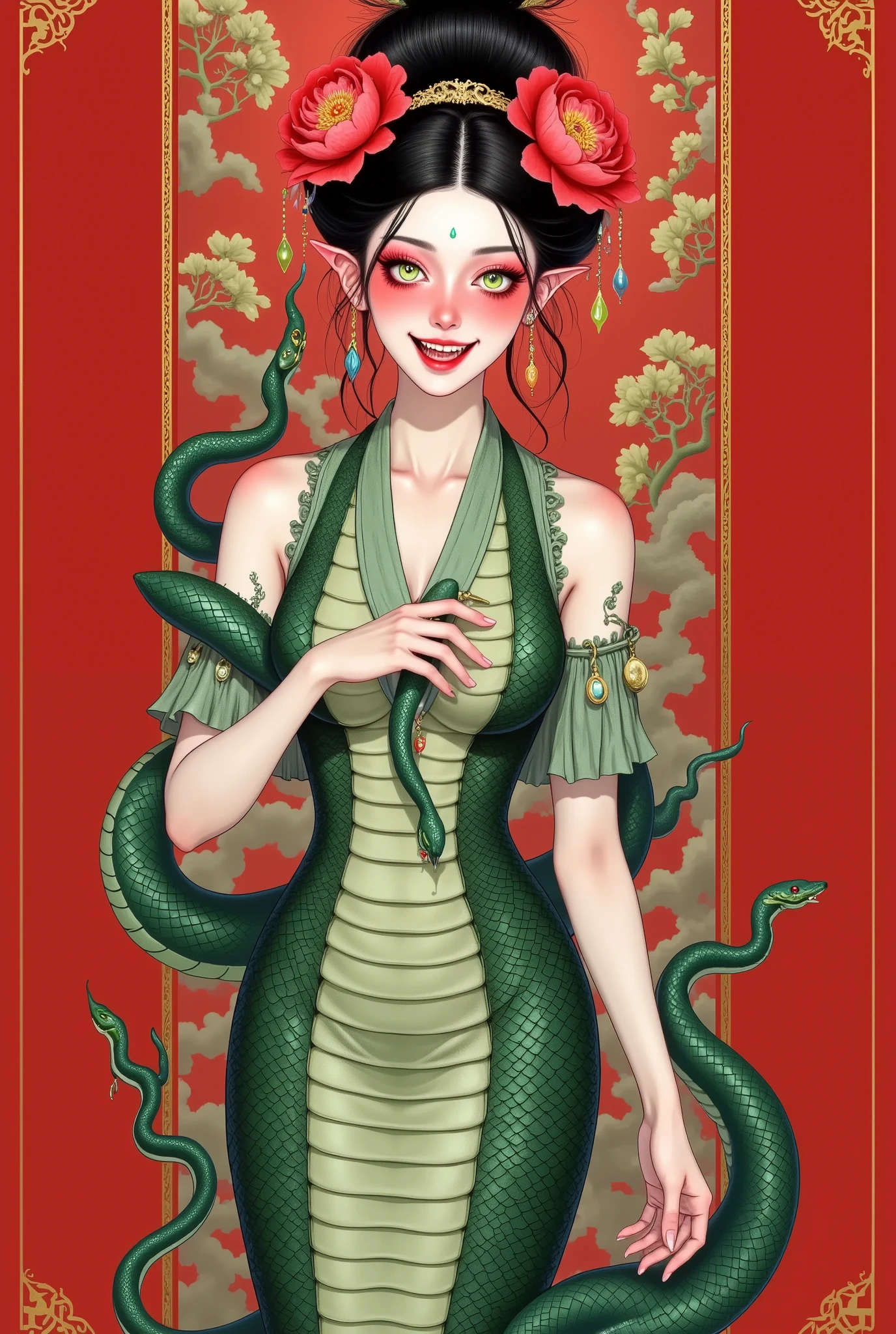 (((Portrait of a beautiful snake woman ,Black high bun , wearing a huge red peony on her head,,Enchanting green eyes 。Open your mouth,Fangs,Holding a snake in his hand,Motion Capture)))。snakeskin skirt,Snake Body,Snake tail. red background,Auspicious cloud pattern on top。 border decoration 。