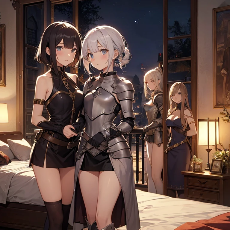 A group of young female knight, (in bedroom), various hair styles, harem, wearing armored clothes, metal armor, night, details face, , short skirt, seducing, sword, sleeveless , night, starry night