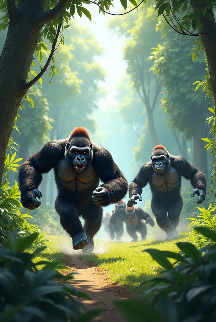 (two gorillas playing soccer in a fantasy jungle: 1.45), illustration, lush green foliage, vibrant flowers, mysterious animals, majestic trees, playful atmosphere, best quality, high resolution, ultra-detailed, realistic: 1.37, colors Vivid, Artist concept, warm and vibrant color palette, soft sunlight filtering through the canopy. A fantasy scene
