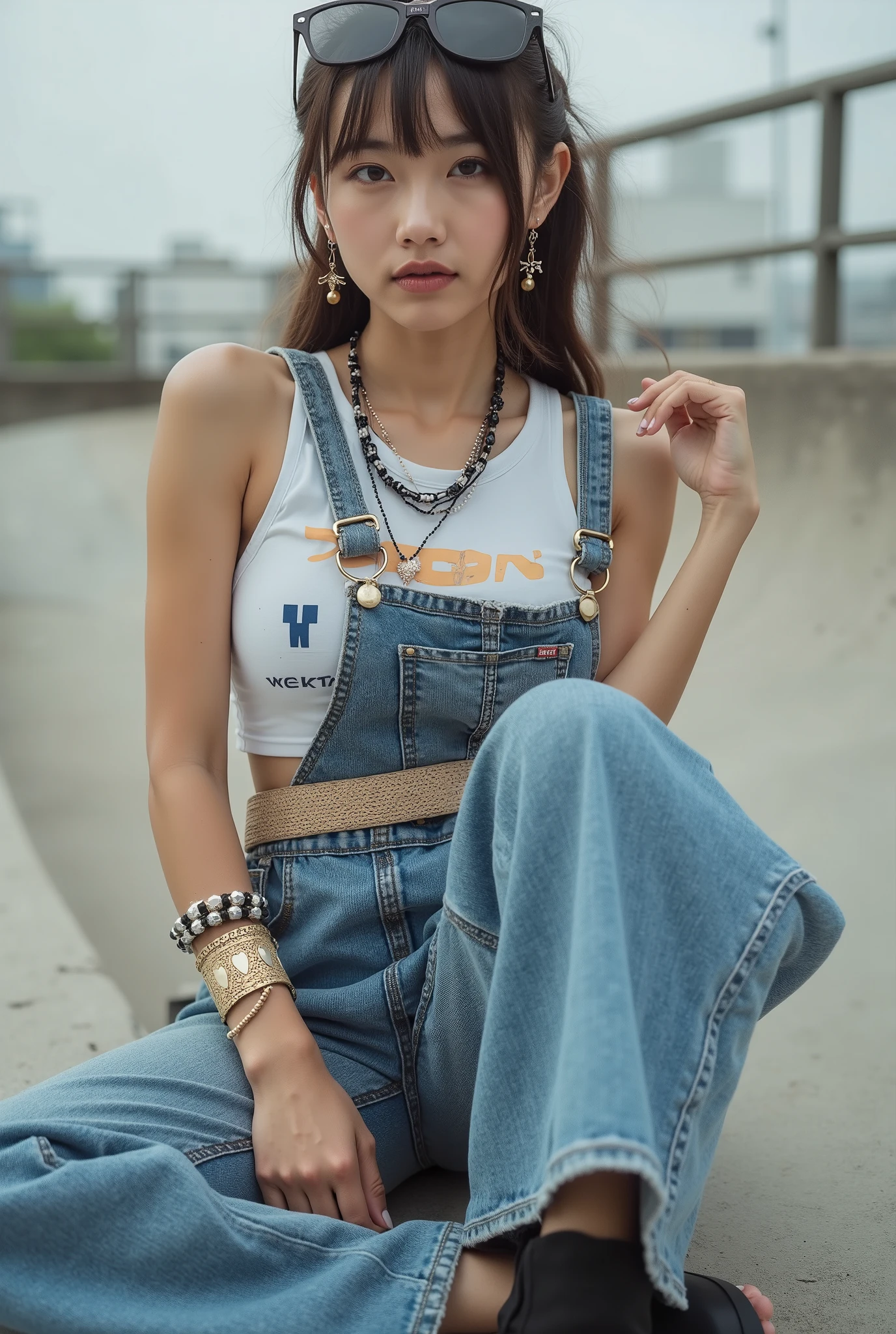 Masterpiece, 1 girl, japanese young idol, young girl, brunnette ponytail hair with bangs, heavy natural , slutty expression, cute face, Masterpiece, 1 girl, natural , (thick arms), (curvy thick slim oriental beauty), slutty gaze, cute face, blushing, outfit of the day display, urban style, urban lifestyle ambience, fyr, Instagram post, fashion of the day, for fashion magazine, Graphic crop tank, flared denim overalls with one strap undone, a woven belt, futuristic visor sunglasses, bold ankle boots with metallic details, wrist cuffs, mismatched earrings, and layered beaded necklaces—she sits on a skate ramp, blending retro flair with modern trends., she poses fashionedly showcasing her outfit of the day, artificial lighting, real photography - ultra-realistic, artistic urban photography, various urban vibe photo-modelling shot, perfection, detailed background,16K UHD, SFW