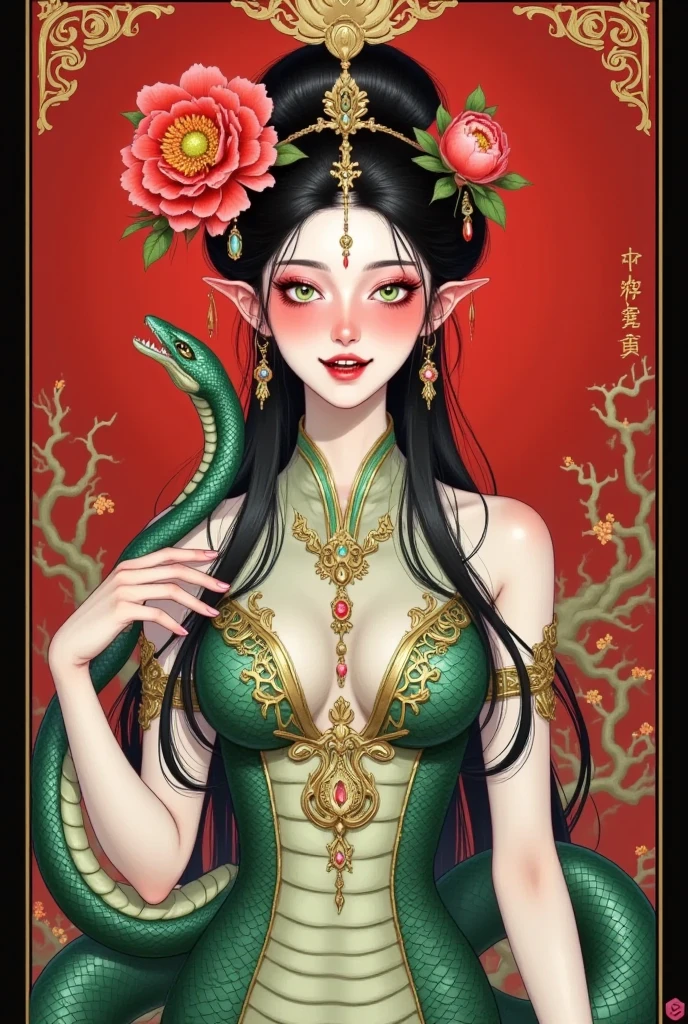A provocative painting,Depicts a sexy lady from hell in a charming red and black themed scene, embodying the allure and strength of Hela in an epic split-screen composition that heightens the theatricality and mystique of her character. The green color scheme infuses the painting with an otherworldly sense of beauty and enchantment., Enhances women's allure and awesome presence. Split-screen format dynamically depicts Hella's entrance, Different angles show her majestic gaze and kingly demeanor. The artist's clever use of light and shadow adds depth and drama to the scene., Draws audiences into a narrative of dark elegance and intrigue. This masterpiece, Created by the famous painter Gustav Klimt, Delve deep into the realms of fantasy and mythology, Inviting viewers to explore the complexity of beauty, strength, and the mysterious lady from hell. Xill,lotus pose
