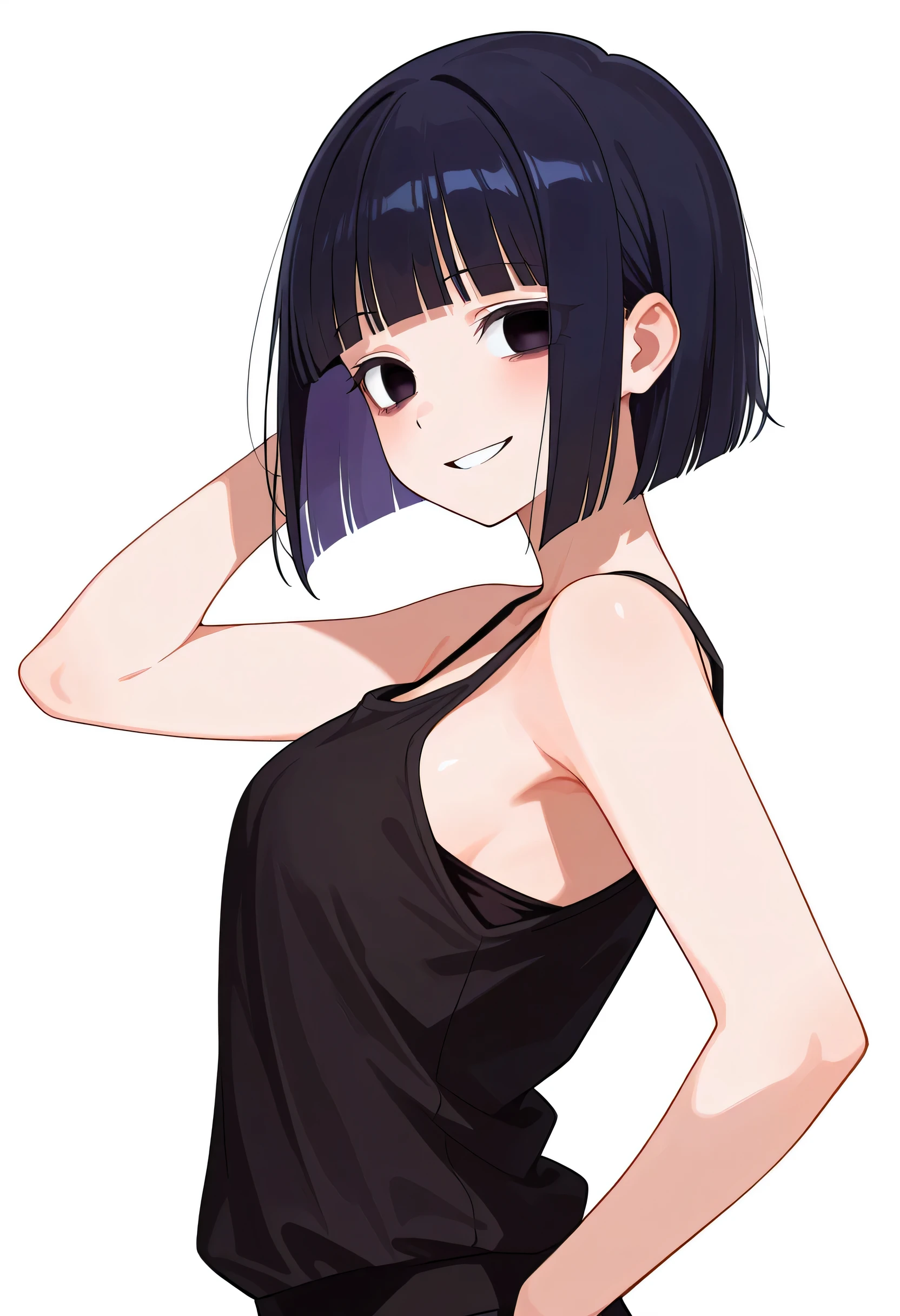 score_9, score_8_up, score_7_up, source_anime, solo,black medium bob,blunt bangs,black thin eyes,(beautiful adult face),25years old,black sexy tanktop,upperbody,good model pose,kind smile,(side face view),white background