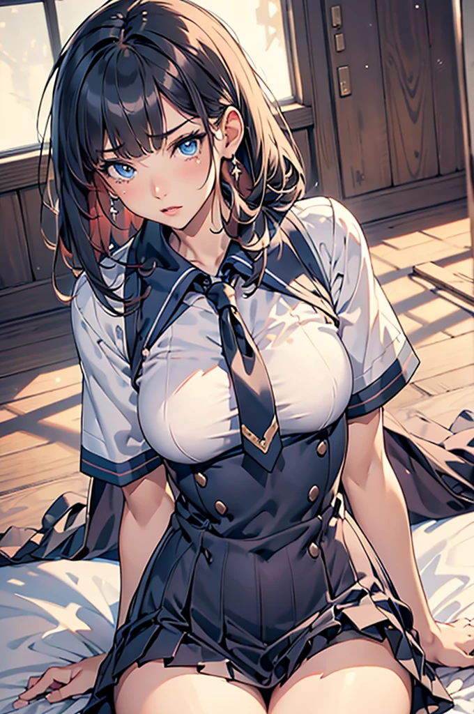 black hair,long hair,big breasts,very long hair,毛lots of hair,lots of hair,No expression,long skirt,very long skirt,8/10 length skirt,uniform,Ladylike,Calm,cum faicial,Facial,Semen on the face