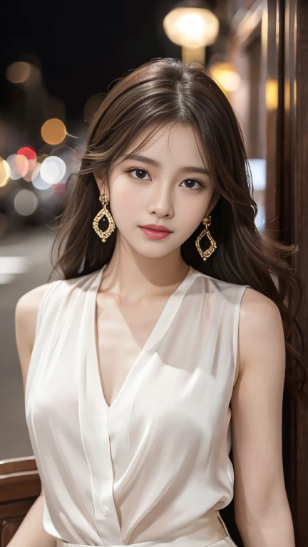 masterpiece, highest quality, Realistic, Very detailed, Finer details, High resolution, 8k wallpaper, One beautiful woman, Wear a silk black see-through shirt, In a great restaurant, At night, Light brown messy hair, Perfect dynamic composition, Beautiful and beautiful eyes、Big earrings