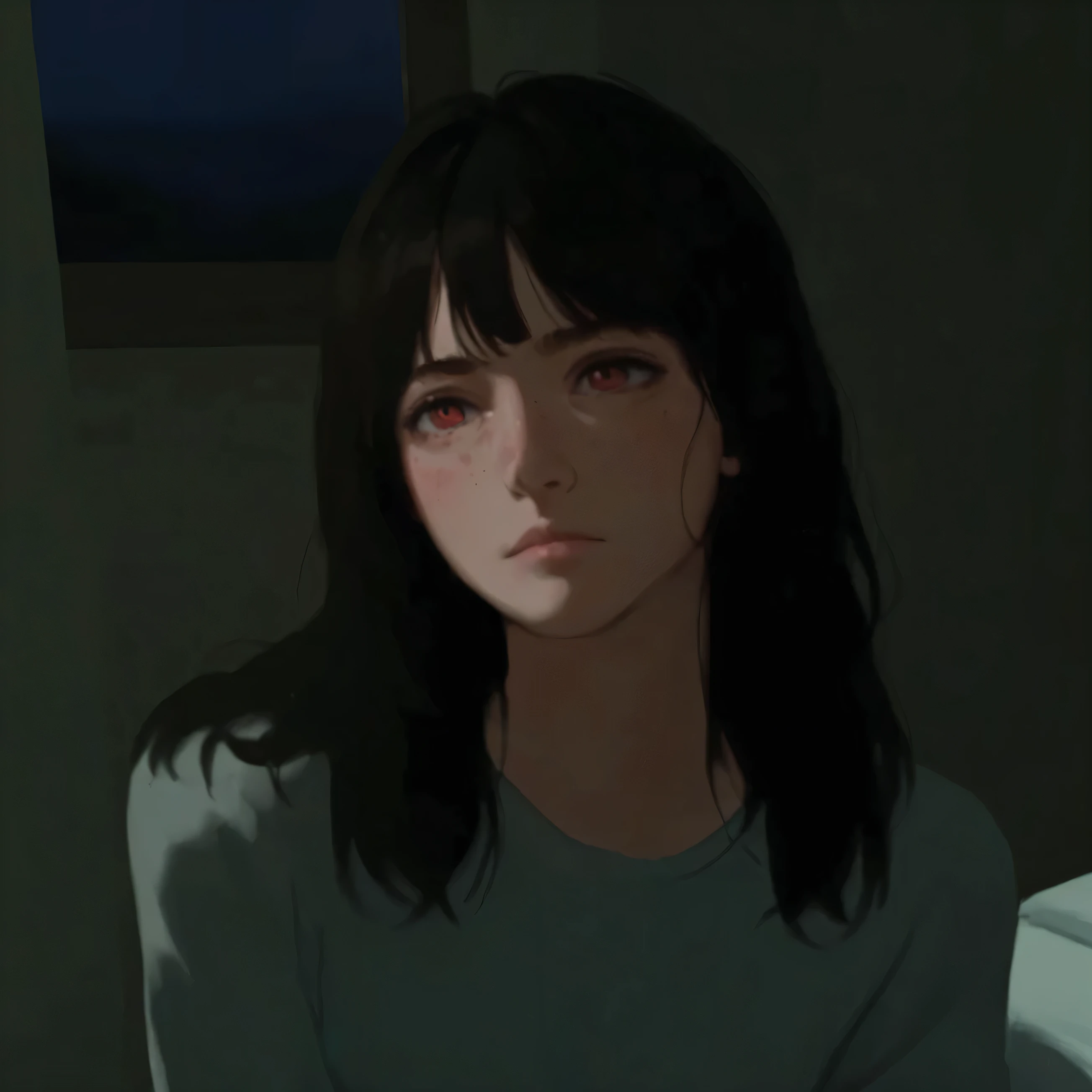 a close up of a person sitting in a bed, ellie (last of us), portrait of max caulfield, supermodel in silent hill, a close up of a doll, semirealistic , anime realism, she has black hair with bangs, rings asuka iwakura station game, only a few bangs of hair, inspired by Ayami Kojima, yayoi kasuma, with a stoic expression, pale red eyes, wavy hair, (pale skin, huge tits)