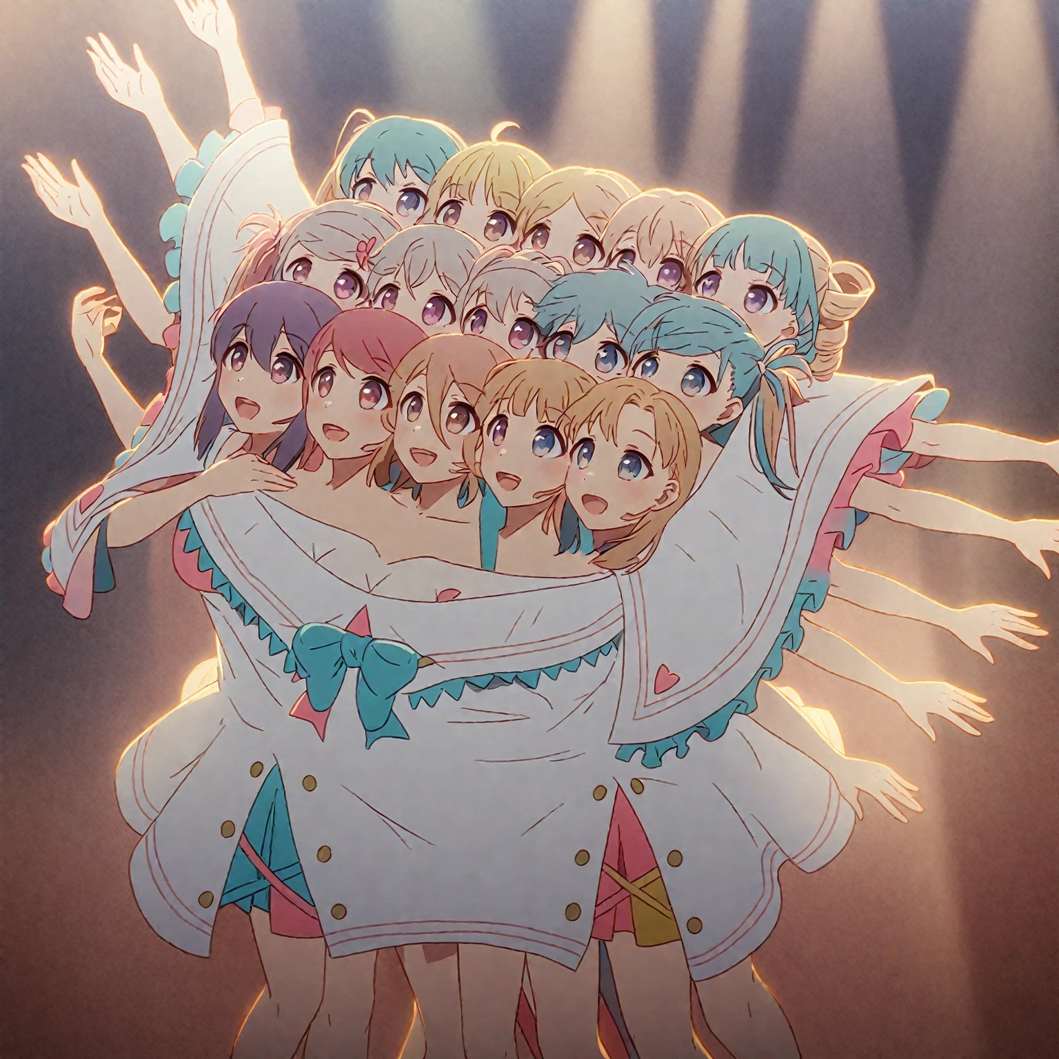(masterpiece, best quality:1.4), 6girls, (ass:1.2), high ponytail hair, close up, (blonde:0.5), detailed eyes, (white slingshot swimsuit, one-piece swimsuit:1), (pubic hair:1.1), open mouth, (smile:1), breasts, (crowd cheering:1.4), concert stage, <lora:micro_slingshot_v1:0.9>