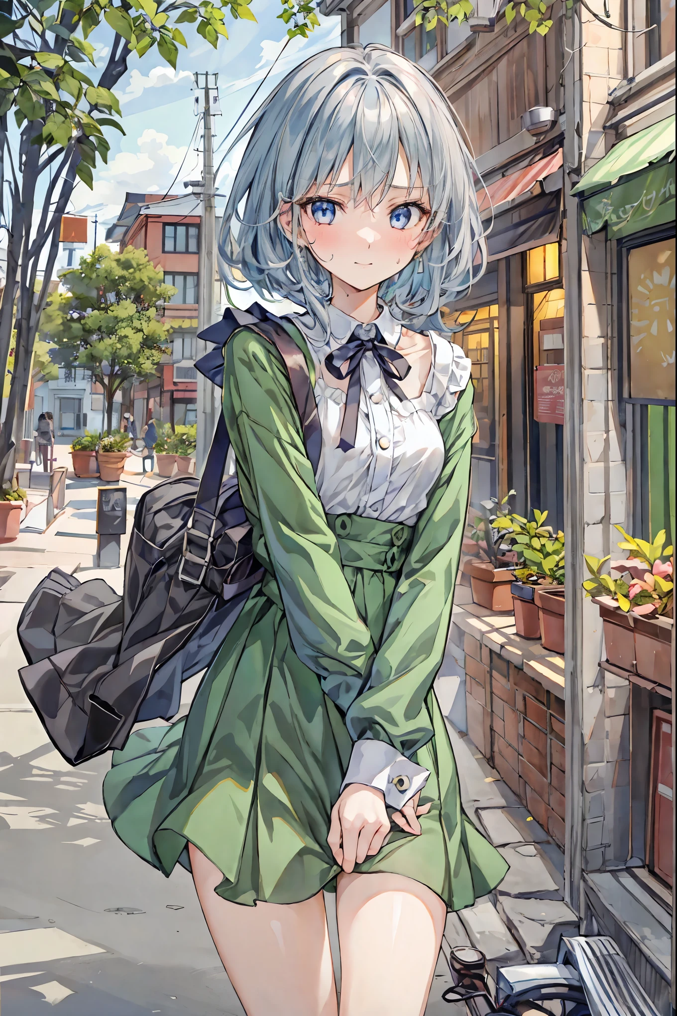 Anime girl with blue hair and green dress walking down the street ...