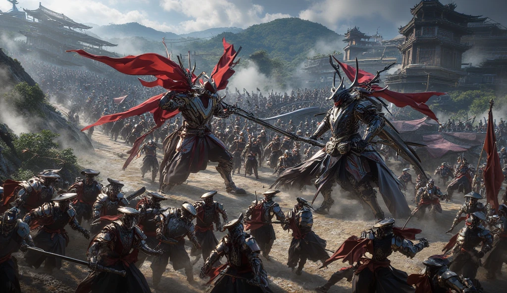 There are many characters in the picture, detailed illustrations of the game art, Cheng Wei Pan on Artstation, inspired by Fenghua Bell, heroic battle scenes, by Yang J, Ismail Inseogloo and Ruan Jia, CGsociety and Fenghua Zhong, Three Kingdoms of China, by Wu Zhun Shifan, background: battle scenes, flames, war in the mountains plains