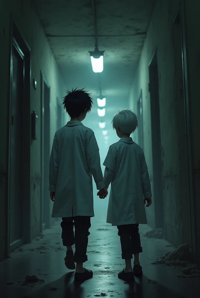 Two boys, in a scary madhouse corridor, the tall one has black hair and the shorter one has white hair, looking at the corridor they are in, wearing doctors' uniforms