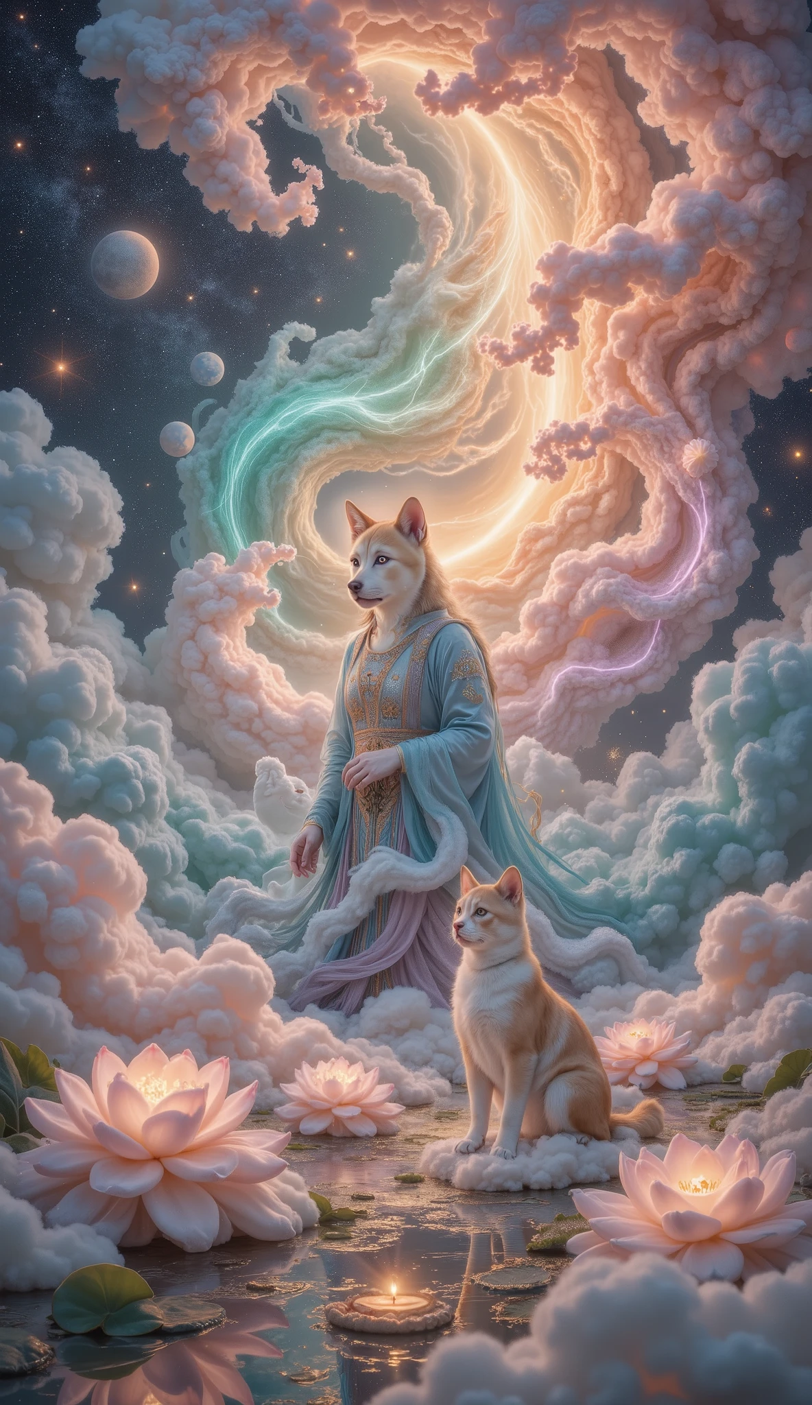 32K original photo , Quality Best , wearing a light orange mini summer dress . dynamic angle,aurora, constellation,new moon,Earth \(Planet\),Full Moon,galaxy,Light Particles,Milky Way,night,night Sky,Planet,meteor,Sky,space,Starry sky background,starry Sky, wonderland,cloud, Dunhuang art style illustration ,The nine-color Shiba Inu is surrounded by the auspicious cloud,magnificent ,( Siamese cat shining with stars :1.36) Standing in a lotus pond , Very fine brushstrokes , Soft and smooth , Chinese red and indigo , gold background ,The rainbow glides on the cloud