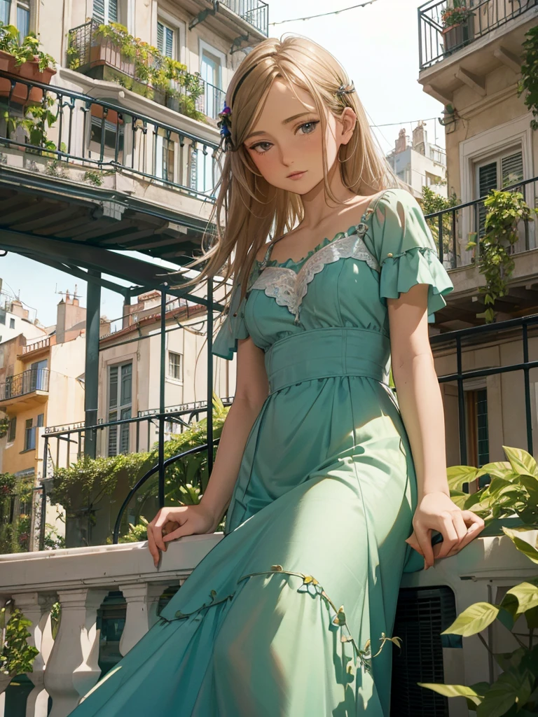 (masterpiece:1.1),(super realistic:1.0)(extremely detailed, intricate details, highres,2.5d:1.1), creating authentic atmosphere,(violet_evergarden:1.29), The character's face is serene, pale skin, stanging, soft shadow to face, BREAK (Russian green theme:1.45), BREAK 1girl, beautiful detailed girl, realistic face, realistic body, extremely detailed eyes and face, light on face, BREAK (smiling:1.37),smile eyes, blush, standing, zettai ryouiki, cowboy_shot, 1girl, (short light yellow hair:1.3),bangs, blue eyes, large breasts, wearing (floral printed dress), blush, gladiator sandal, bodybag, walking street, Paris, montparnasse, (sunrise,redsky),