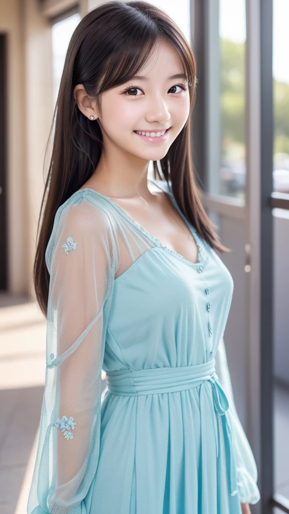 1girl,(wearing a blue modest dress:1.3), long sleeves,(RAW photo, best quality), (realistic, photo-realistic:1.4), masterpiece, an extremely delicate and beautiful, extremely detailed, 2k wallpaper, Amazing, finely detail, extremely detailed CG unity 8k wallpaper, ultra-detailed, highres, soft light, beautiful detailed girl, extremely detailed eyes and face, beautiful detailed nose, beautiful detailed eyes,cinematic lighting,city lights at night,perfect anatomy,slender body,smiling