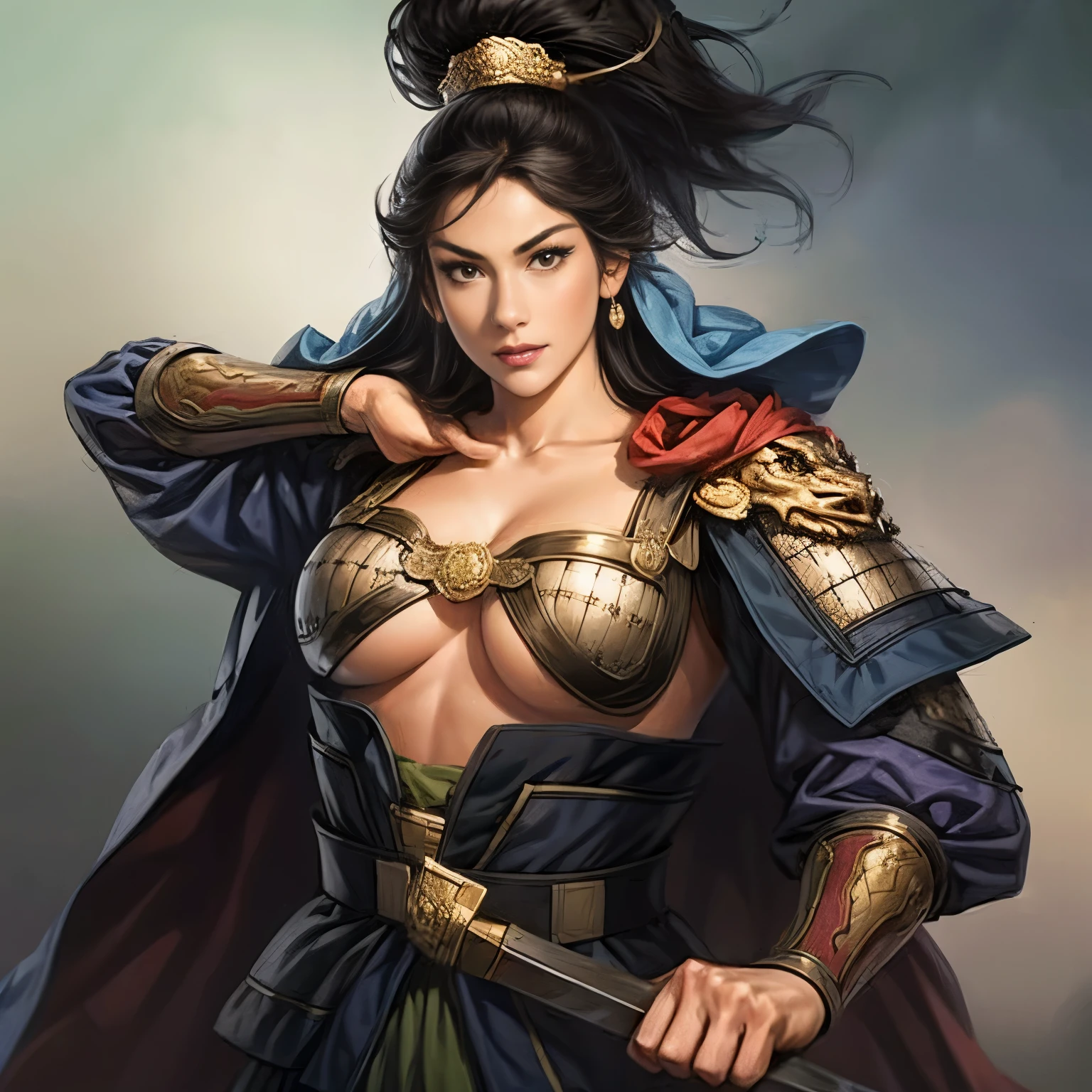 ((Create an image from the top of the head to the thigh)),  Three Kingdoms illustration , ((Female solo)), ( Beautiful Woman),  beautiful face ,  perfect hand , ( black hair ),  sexy expression ,  excited expression, Various facial expressions,  various poses, Brilliant background ,  blurry background ,  beautiful iron armor, Chinese iron armor ,  sword,  Flying Cloak , Woman holding armor and cloak , Person holding a weapon, ( big boobs), ( visible chest bone ), (slim body)