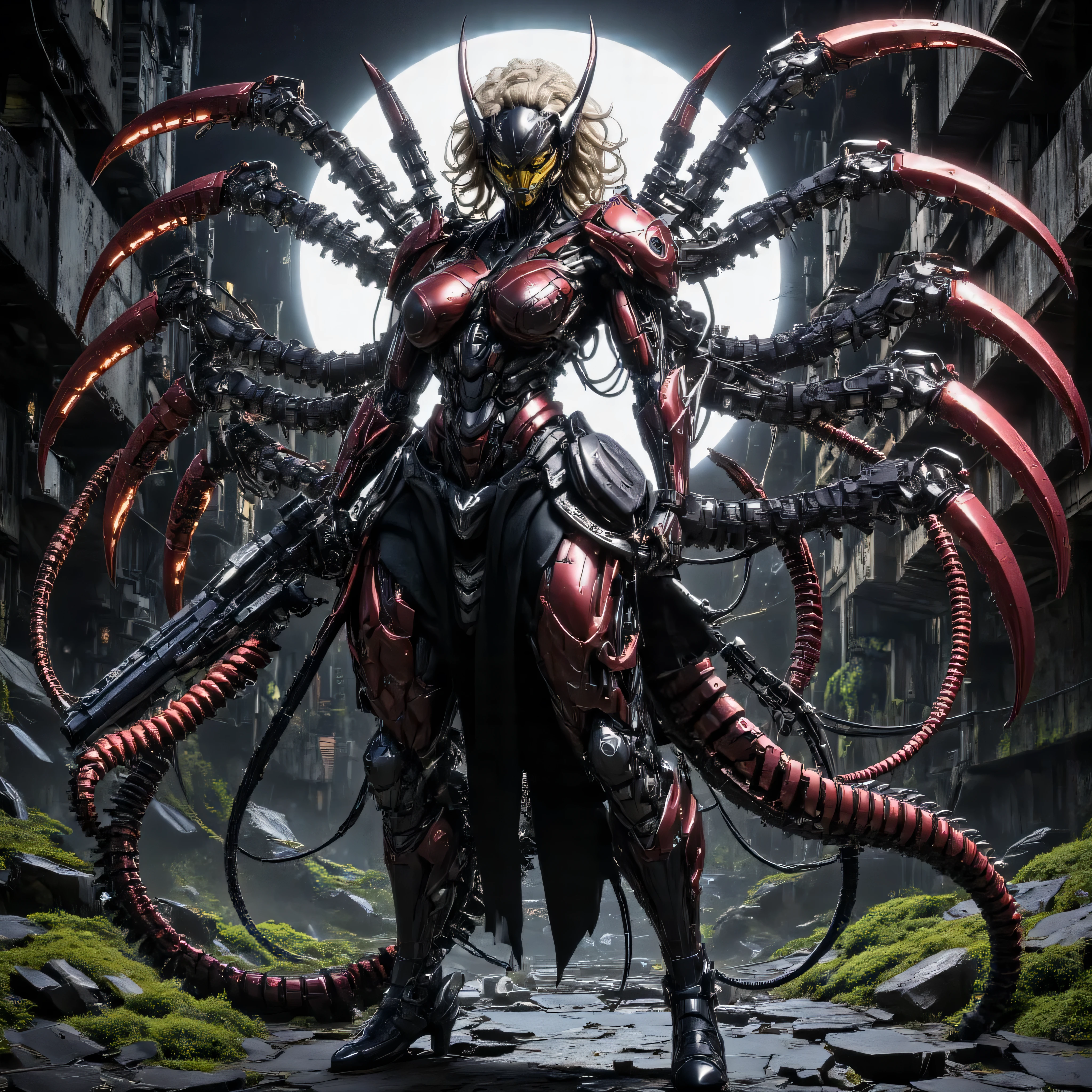 ((best quality)), (detailed), 1 japanese pornstar women fighter, 8k_wallpaper, extremely detailed eyes, (large masterpiece digital art), (intricate details:1.3 ), (ultra-detailed:1.3), (sharp focus:1.3), (natural lighting:1.05), (vivid colors:1.3), (best quality:1.4), expressive eyes, full body, detailed face, beautiful face, perfect face, ((blonde lush and thick curly hair)), (gold eyes), {{dark bronze skin}}, ({dark bronze skinned female}), (big breasts), huge chest, big wide ass, powerful relief muscles of the abdomen and legs, powerful strong muscles of the arms, Full body shot,Magical girl, Monster girl, Heterochromia, Highlights, Mechanical prosthesis, Martin boots, Chinese style, cyber monster girl Musume, she's wearing steel heavy armor of an amphibious cyber stormtrooper in the style of a steel dark red rhinoceros beetle with a dozen thin and flexible tails with cyber tips on the ends, heavy cyber armor in the style of a blue-black stag beetle, stormtrooper porn bitch, she smiles predatorily while a -mucus flows out of her mouth and runs down her chin, steel leather gloves, behind a backpack and an assault cyberpunk rifle, a wide red belt on which hangs a cyber walkie-talkie, heavy black boots, walking along a night street among the ruins of an old city overgrown with moss and vegetation under the cold lighting of the moon, ultra-realism, cinematics, 16k HD quality, post-apocalyptic, cyberpunk, dark and violent fantasy,