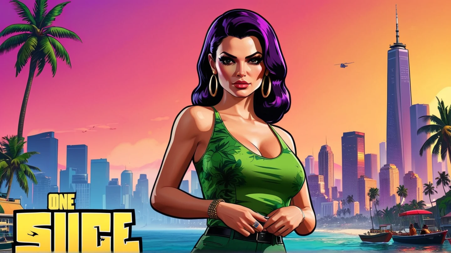 (gta style:1.5)，(GTA Vice City, GTA 5 cover art, gta style: 1.5), with a white woman long pink hair with gun without gta symbol