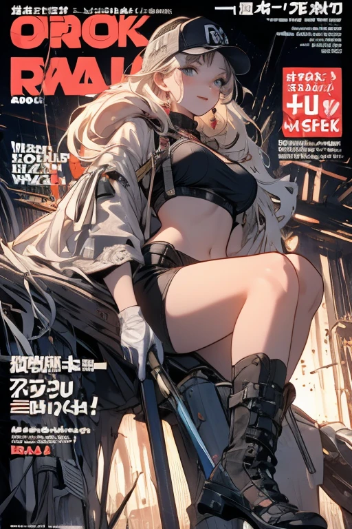 (masuter piece,Best Quality,Ultra-detailed), (A detailed face), (front-facing view), Young Girl, Blonde long hair, High Ponytail, (graffiti wall:1.0), 1lady, battle garments, Black and red jacket, blue eyess, full body Esbian, (magazine:1.3), (cover-style:1.3), (depth of fields), extra detailed body, (Very high quality artwork), A detailed face, absurderes, (beatiful detailed eyes),Very complex and very detailed girls, Ray traching, vivd colour,foco nítido,dynamic ungle,Dinamic Light,((Split Hair,Very long hair,straight haired)),Multicolored extensions, the pose, the front, colourfull, Background with, The scene, Texto, covers, Title font, Catchy, headline, impressive
