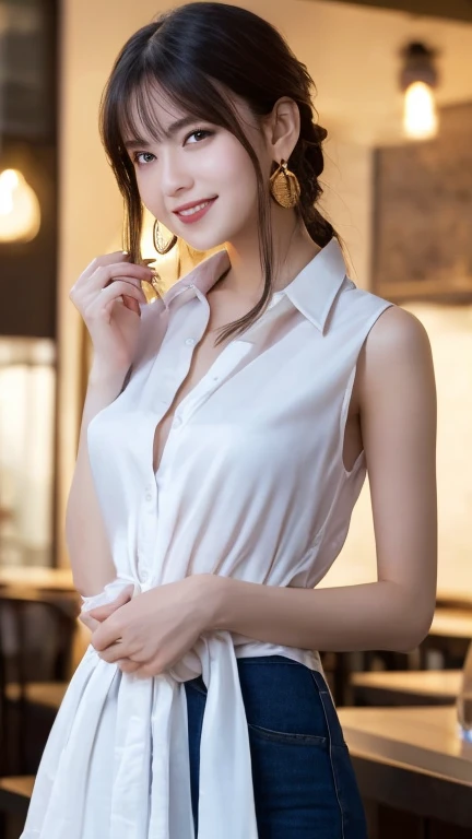 masterpiece, full body shot, directly front view, 1 woman per 1 photo, a Japanese young pretty woman, hyper pretty face, 18 years old, glamorous figure, big smile, wearing a long length short sleeves shiny satin white silk shirt with collared, unbuttoned on her chest, wearing a silky white panty, sitting on a leather sofa with holding a large stuffed toy in her arms, naked legs, glossy lips, double eyelids in both eyes, natural makeup, long eyelashes, shiny smooth light brown hair of medium length, asymmetrical bangs, tanned skin, head in the frame, central image, 8K resolution, high detail, detailed hairstyle, Detailed Face, spectacular cinematic lighting, octane rendering, vibrant, hyper realistic, perfect limbs, perfect anatomy