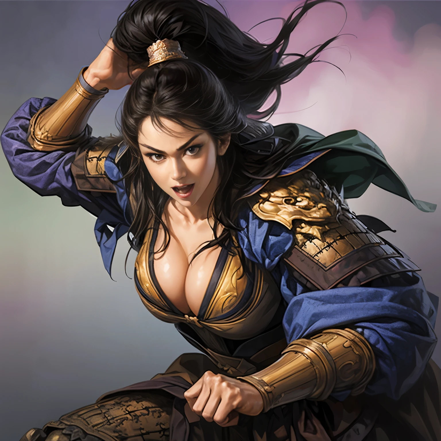 ((Create an image from the top of the head to the thigh)), Three Kingdoms illustration , ((Female solo)), ( Beautiful Woman), beautiful face , perfect hand , ( black hair ), sexy expression , excited expression, Various facial expressions, various poses, Brilliant background , blurry background , beautiful iron armor, Chinese iron armor , sword, Flying Cloak , Woman holding armor and cloak , Person holding a weapon, ( big boobs), ( visible chest bone ), (slim body)