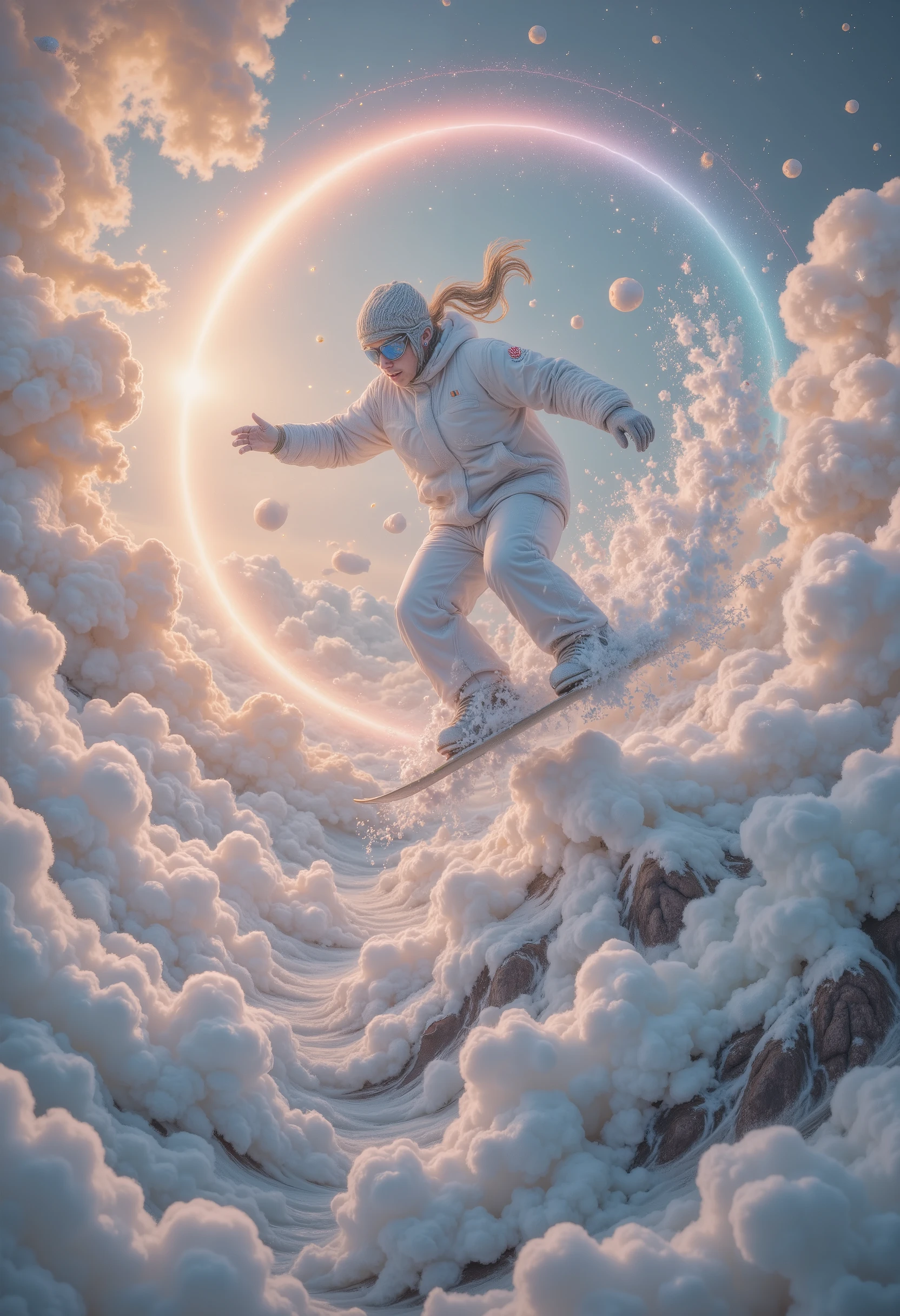 wonderland,cloud,(masterpiece:1.2,Excellent quality , mirror-like , cinematic experience ),8K,wallpaper,Snowboarder ,(Jump:2.0),(Dynamic:2.0),( HD aerial footage :2.0),Asahi,( The background is a beautiful rainbow:2.0)