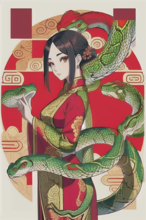 A drawing of a woman playing an instrument with a snake, symmetrical tarot illustration, inspired by Utagawa Kunisada II, inspired by Utagawa Kunisada III, inspired by Utagawa Kunisada, tarot card the empress, chinese empress, tarot design, high detal + tarot cards, inspired by Gao Kegong, inspired by Wang Yi