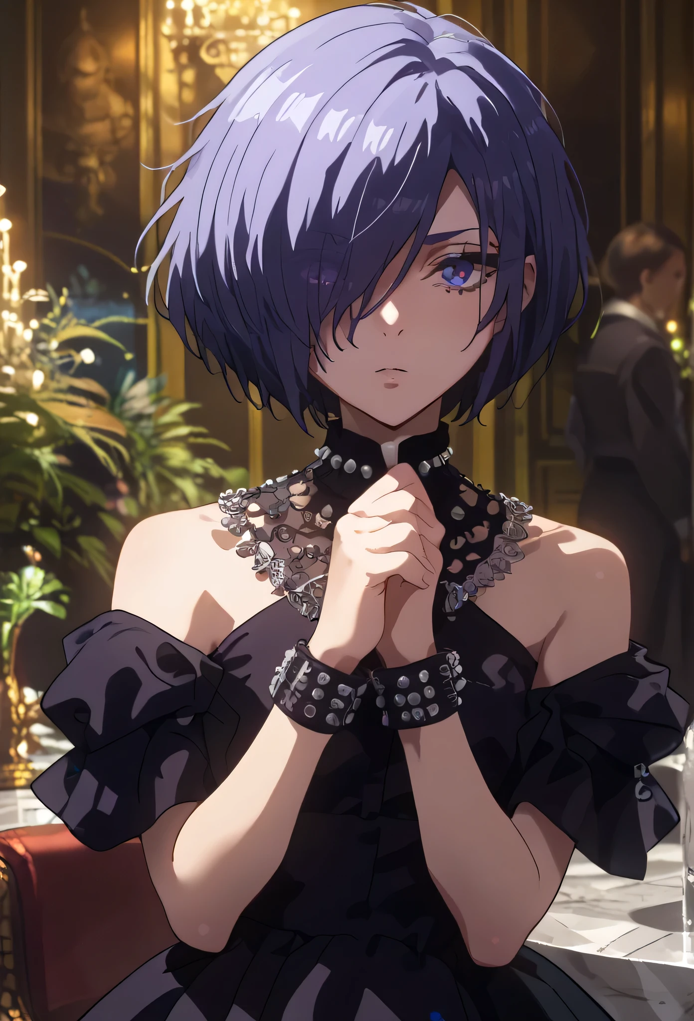 score_9, score_8_up, score_7_up, source_anime, solo, 1girl, kirishima touka, expressionless, blue purple hair, hair over one eye, blue purple eyes, Black dress studded with accessories, official clothes, black dressed dress, wearing a contract in its neck, calm face features, calm look, official party hall,