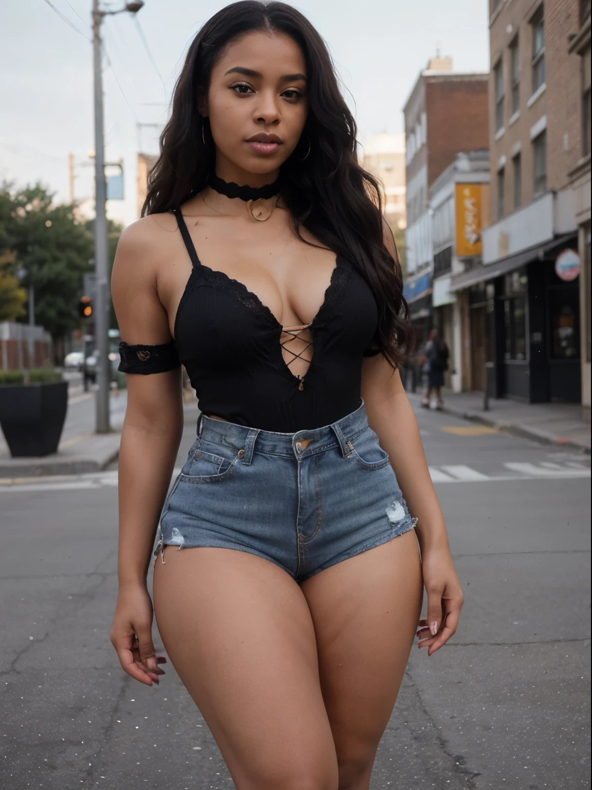 Beautiful sensual and erotic woman with curvy body, cheveux longs et noirs, frange, (lazy bun), ((big curvy body,)), Taille la plus large, thick, beaux seins bi ajustés, Curved Accented Loot, detailed sparkling olive green eyes, les yeux sont vert olive, long cils, sourire sensuel, cuisses thickses, sourit avec incertitude à la caméra, ((wearing a sky black transparent crochet shirt, fringe denim short,)), street urban, bracelet, photorealistic, chef-d&#39;artwork, Bokeh, volumetric lighting, ambiance sensuelle, Full body view, smile, (big ass),