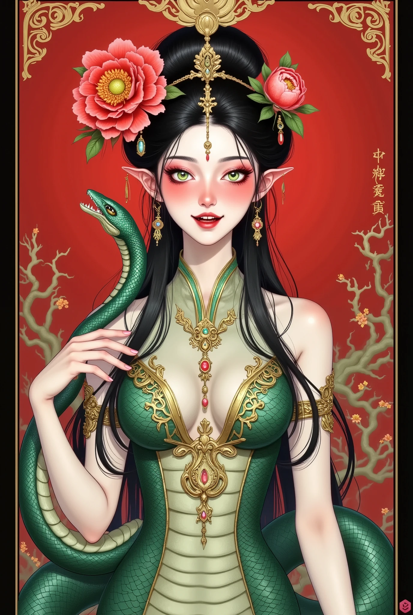 (((Portrait of a beautiful snake woman ,Black high bun , wearing a huge red peony on her head,,Enchanting green eyes 。Open your mouth,Fangs,Holding a snake in his hand,Motion Capture)))。snakeskin skirt,Snake Body,Snake tail. red background,Auspicious cloud pattern on top。 border decoration 。
