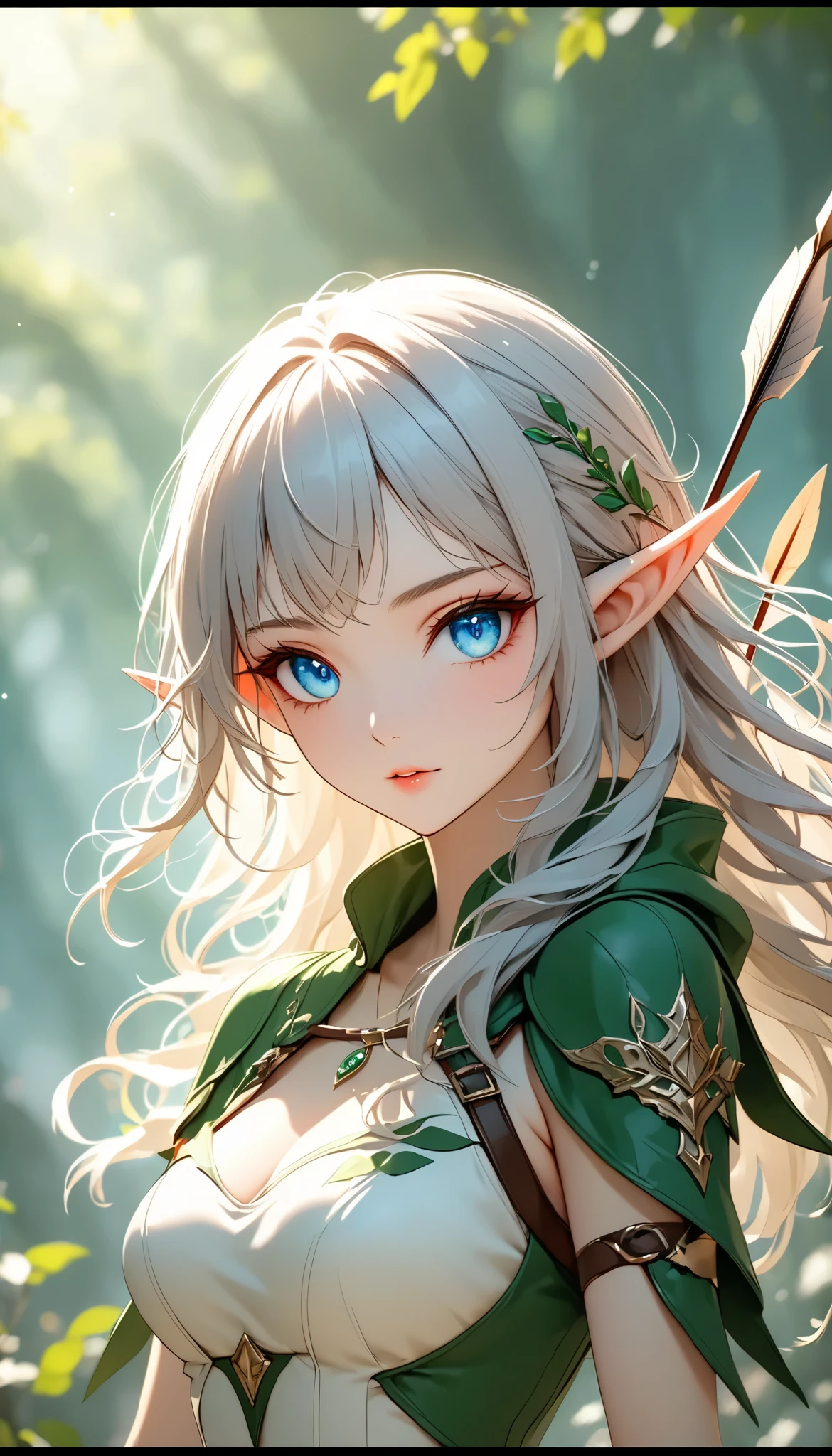 (best quality, Ultimate resolution, masterpiece), a beautiful adult woman, solo, elf, shooting an arrow, super detailed, dynamic, beautiful clear eyes, detailed hair, glossy, natural makeup, oily skin, peers at you, transparent fantasy atmosphere, blur background, super detailed, Natural soft focus, exposure, dramatic lighting, adjust color balance, bokeh, movie-like scene, super retina, ultimate resolution processing, 16k, ultra fine, \bshp\, digital super detailed animation